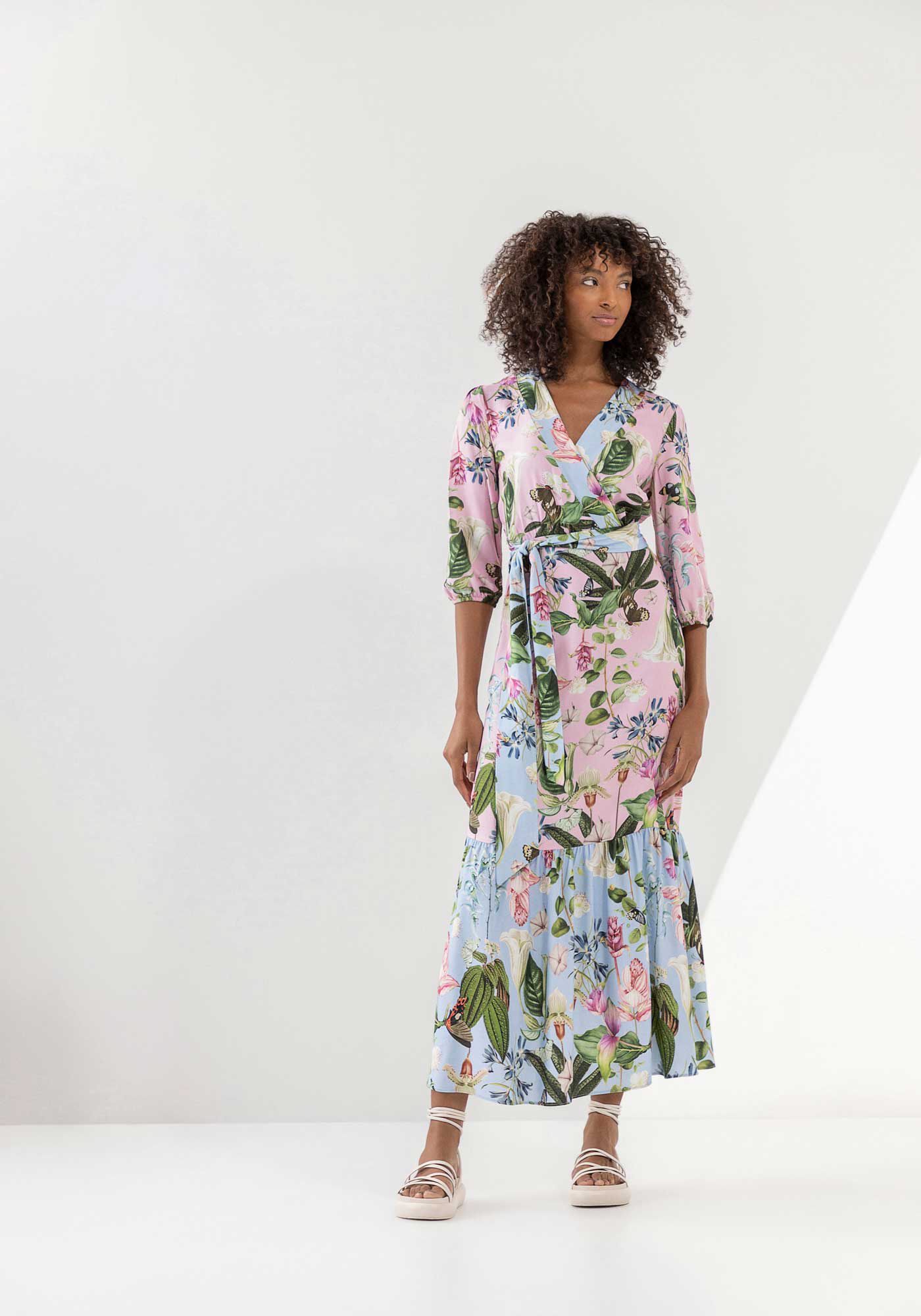 Vestido Midi Estampado Manga Bufante com Amarra&ccedil;&atilde;o, MAHAL, large.