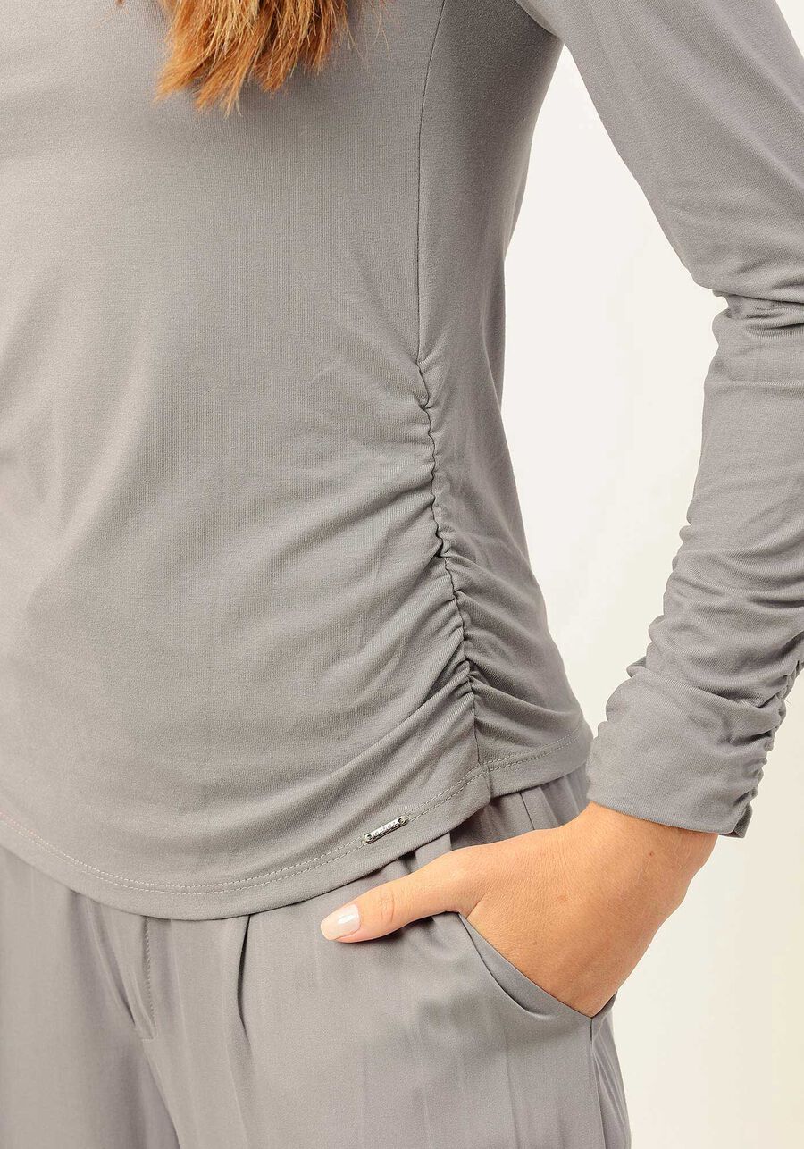 Blusa Manga Longa Franzida com Gola Alta, CINZA LAVANDER BLUSH. Blusa Manga Longa Franzida com Gola Alta, CINZA LAVANDER BLUSH, large.