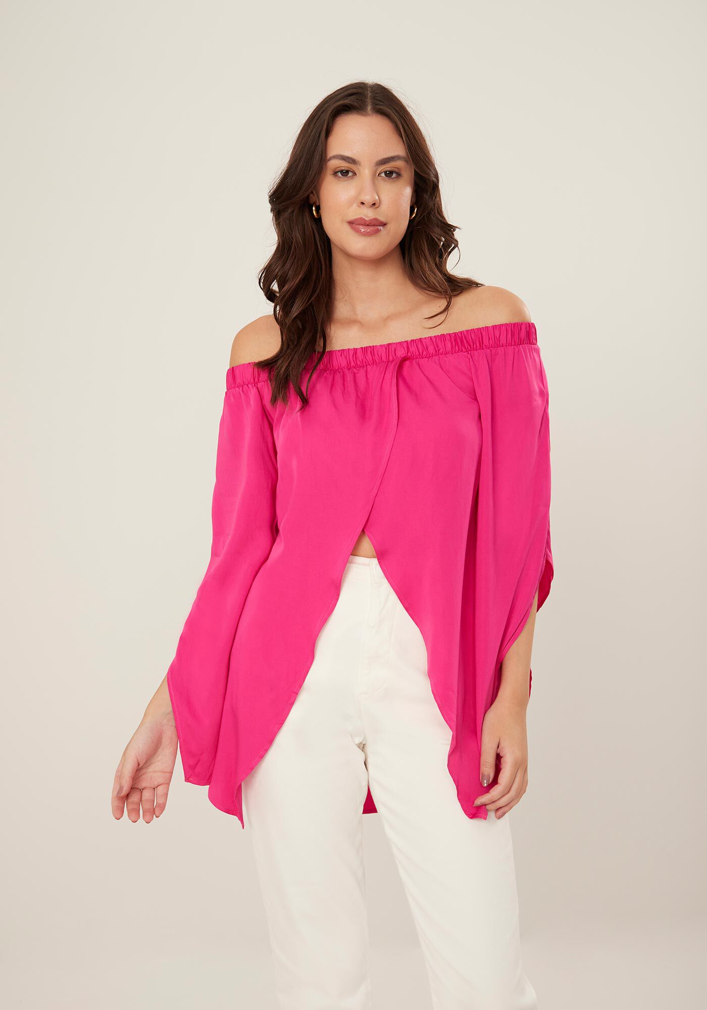 Blusa Ombro a Ombro Assim&eacute;trica com Pontas, , large.
