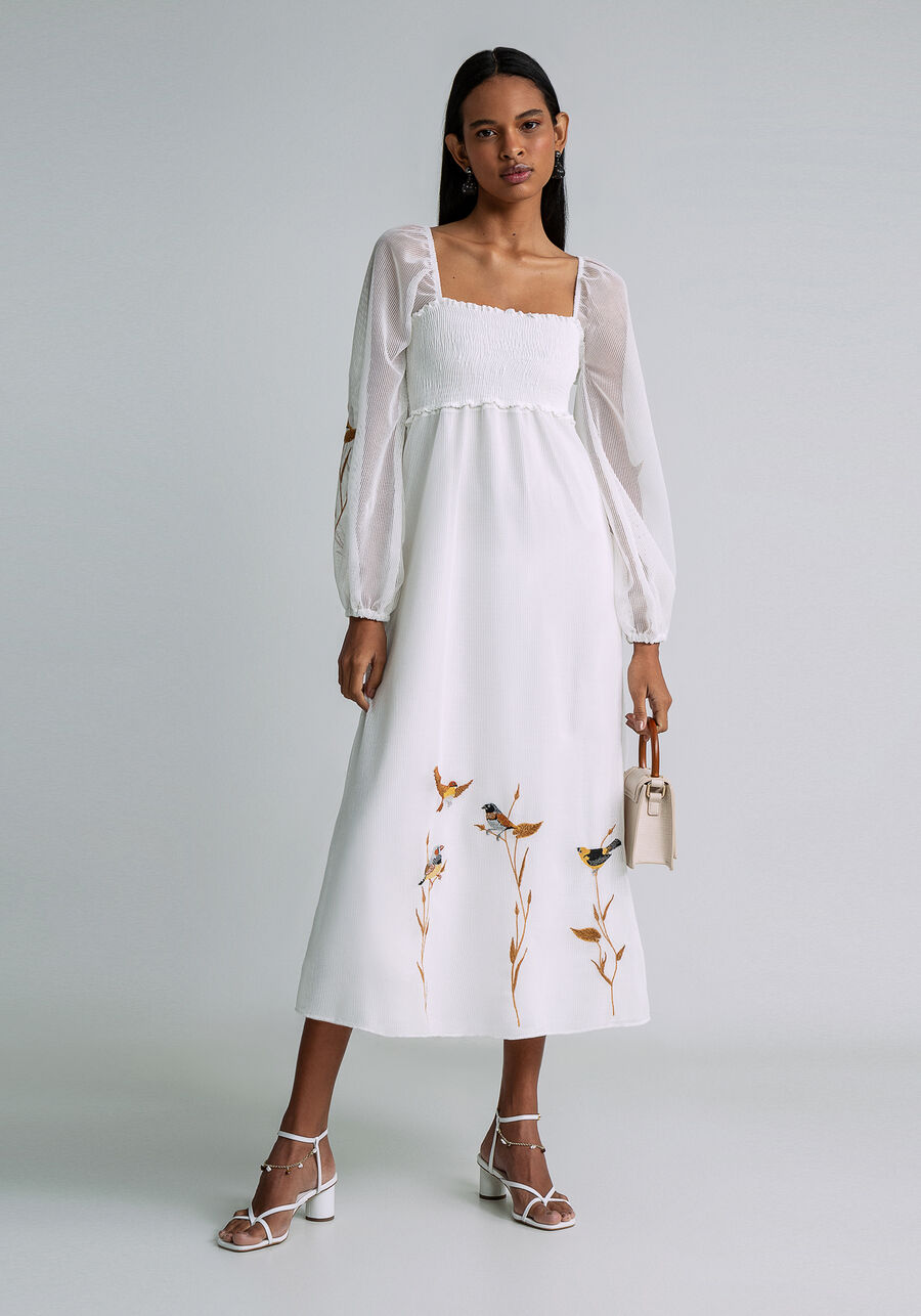 Vestido Midi Tela e Bordado, BRANCO OFF WHITE. Vestido Midi Tela e Bordado, BRANCO OFF WHITE, large.