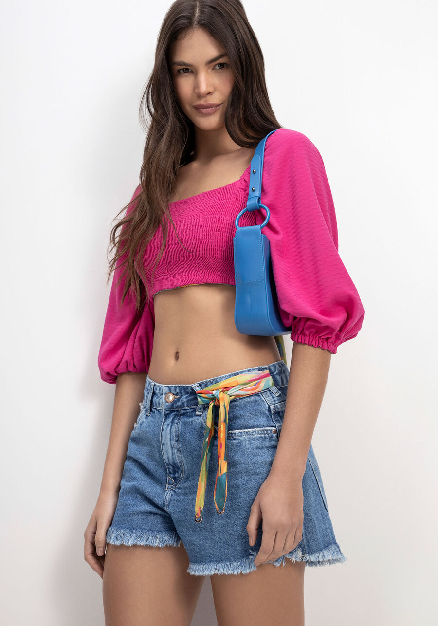 Shorts Jeans Linha A com Lenço Estampado, JEANS. Shorts Jeans Linha A com Lenço Estampado, JEANS, large.