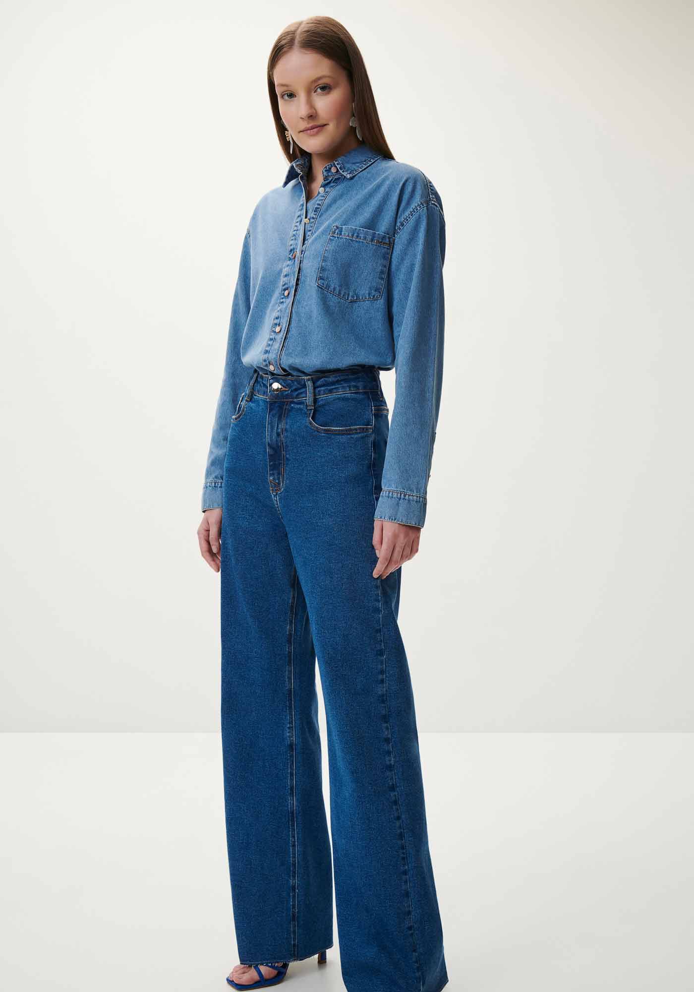 Cal&ccedil;a Jeans Wide Leg Super Alta com Elastano, JEANS ESCURO, large.