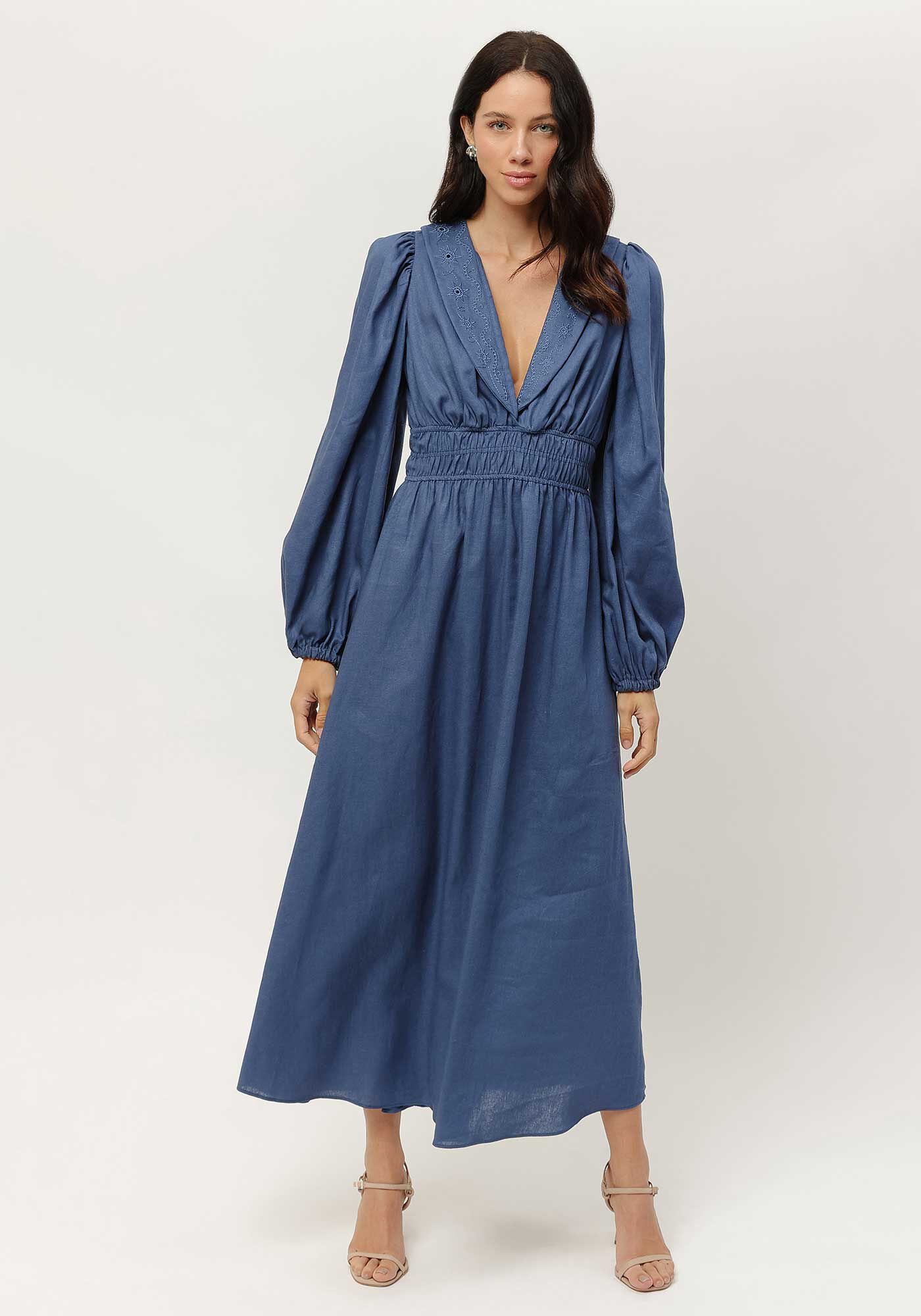 Vestido Midi em Linho com Manga Longa Bufante, MARINHO STELLA, large.
