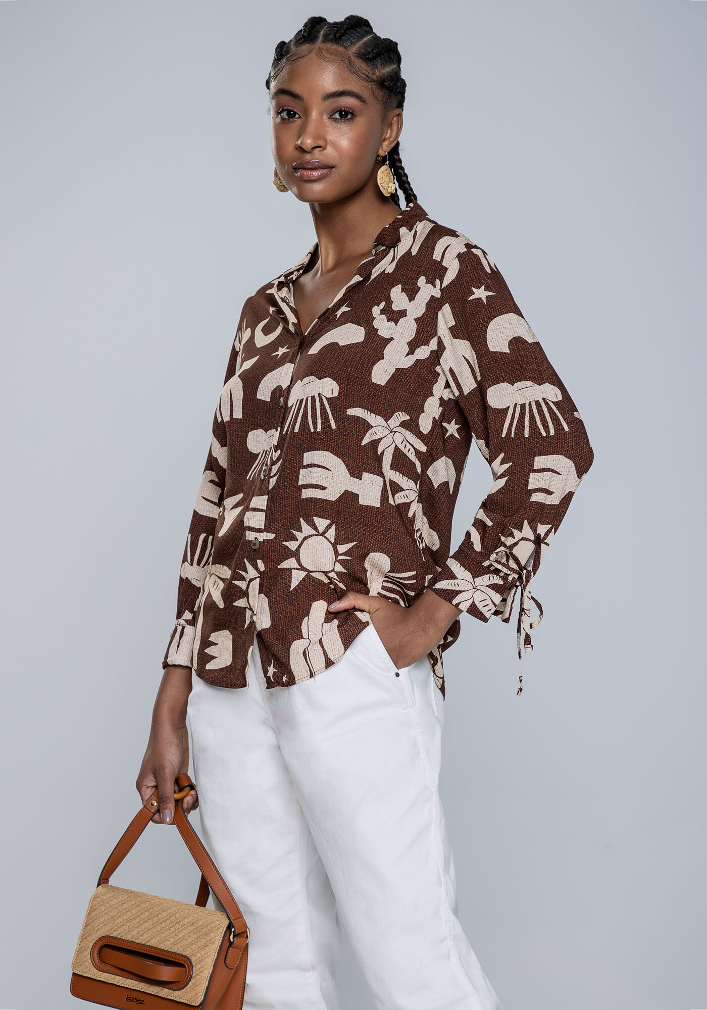 Camisa Mangas 3/4 em Viscose Estampada, CATIMBAU, large.