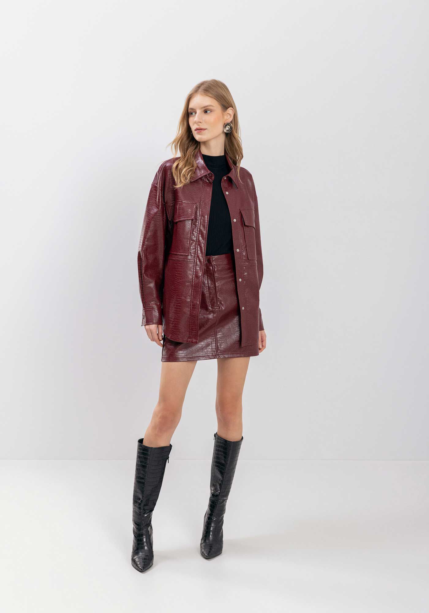 Camisa Alongada De Mangas Longas Com Bolsos Em PU Croco, , large.