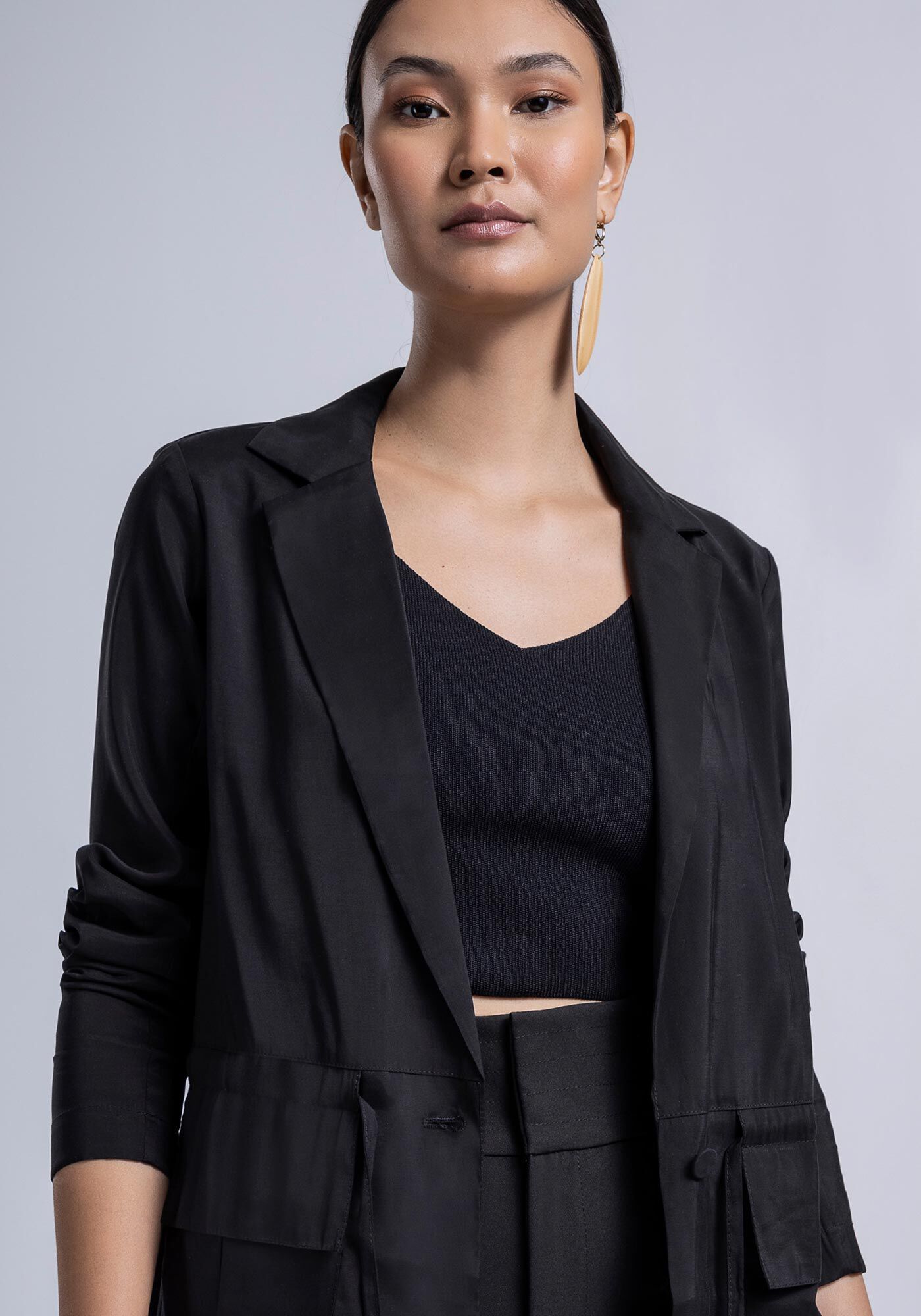 Jaqueta Parka em Tecido Taylor com Amarra&ccedil;&atilde;o, PRETO REATIVO, large.