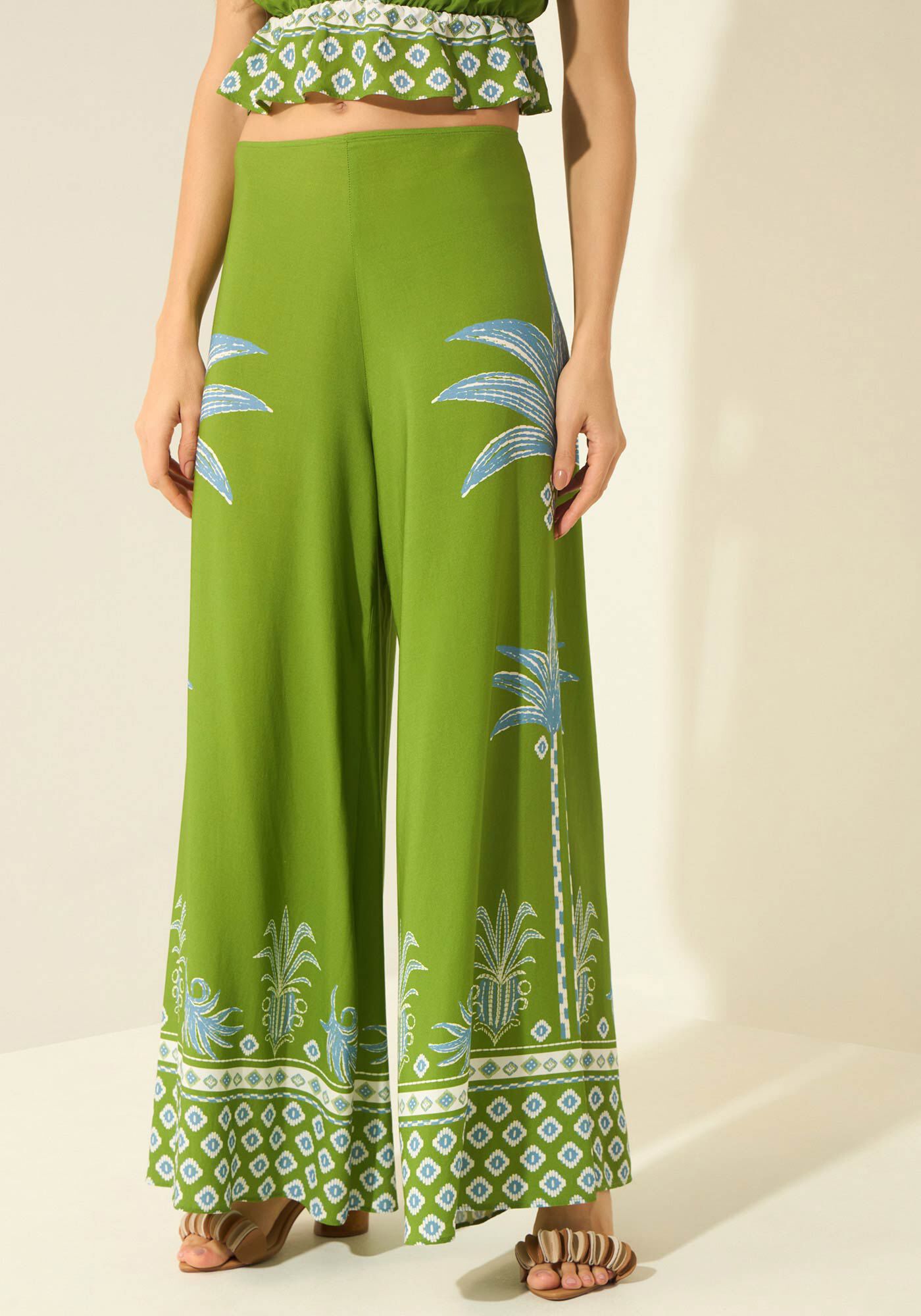 Cal&ccedil;a Pantalona De Cintura Alta Em Viscose Estampada, MAXI GRAVURA VERDE, large.