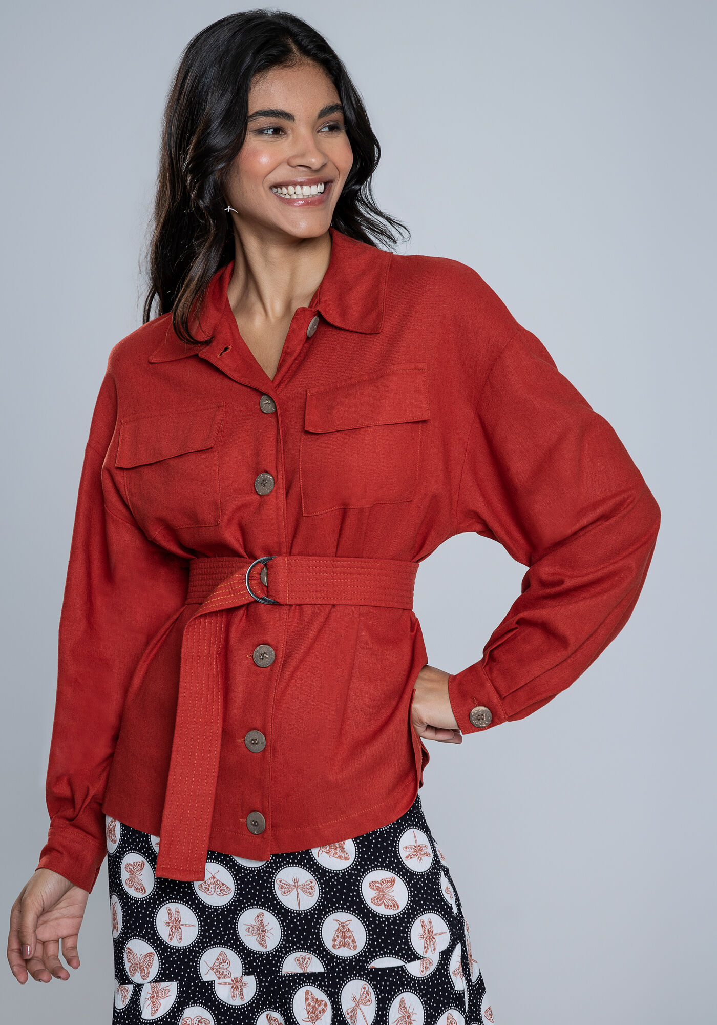 Camisa em Linho com Bolsos e Cinto, , large.