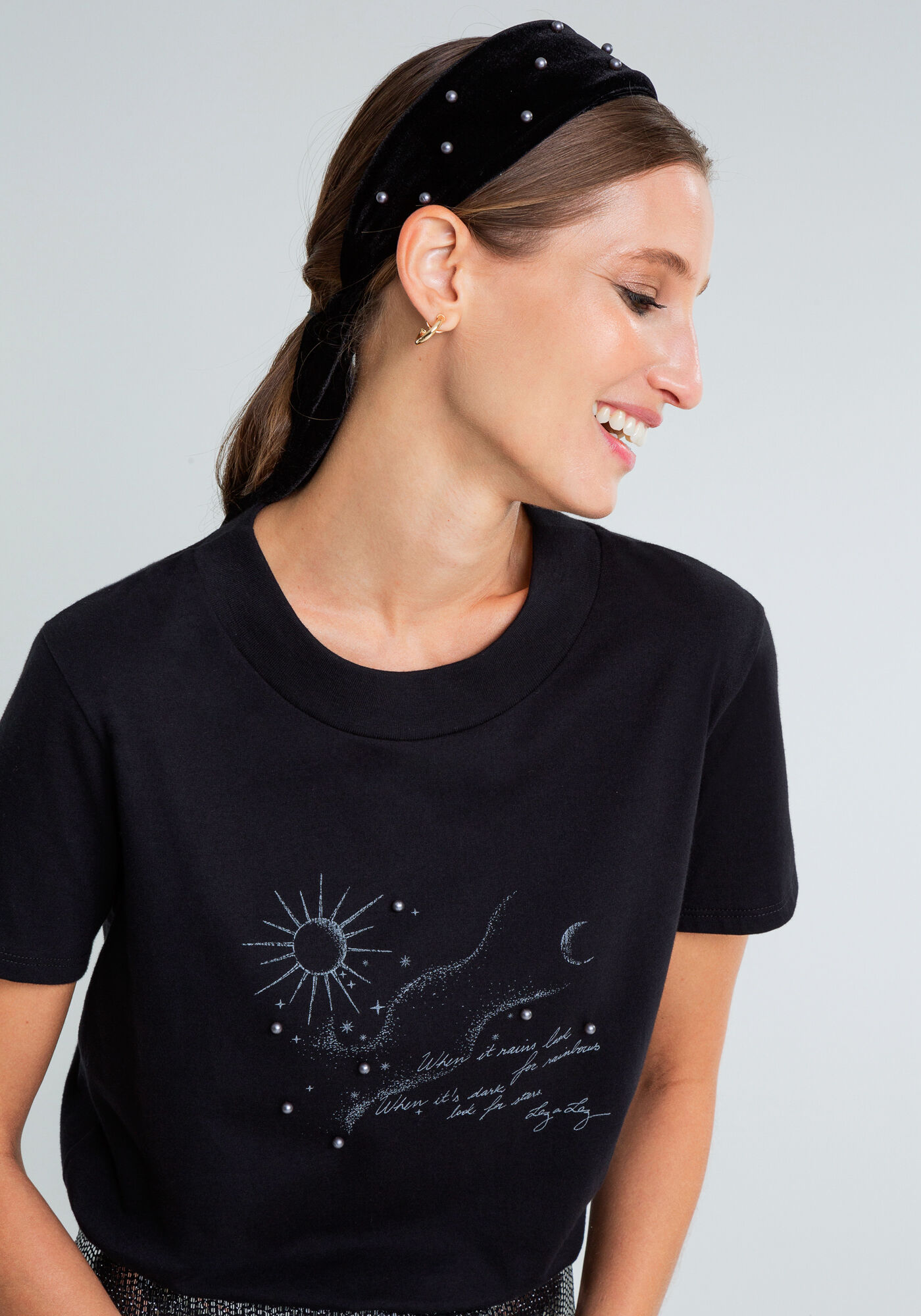 T-shirt P&eacute;rolas Faixa Veludo, PRETO, large.