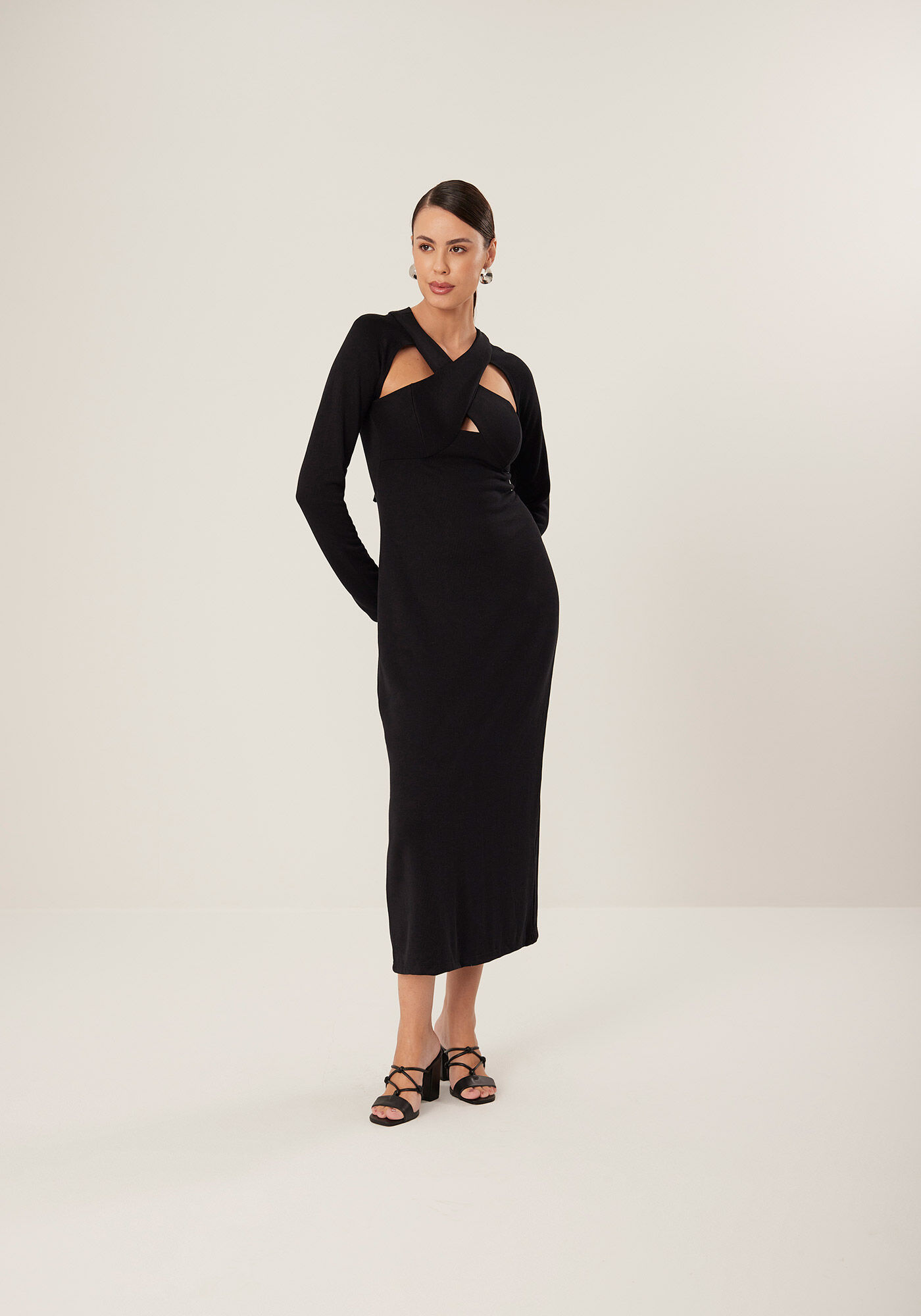 Vestido Midi Ch&aacute; De Mangas Longas Com Recortes Frontais, , large.