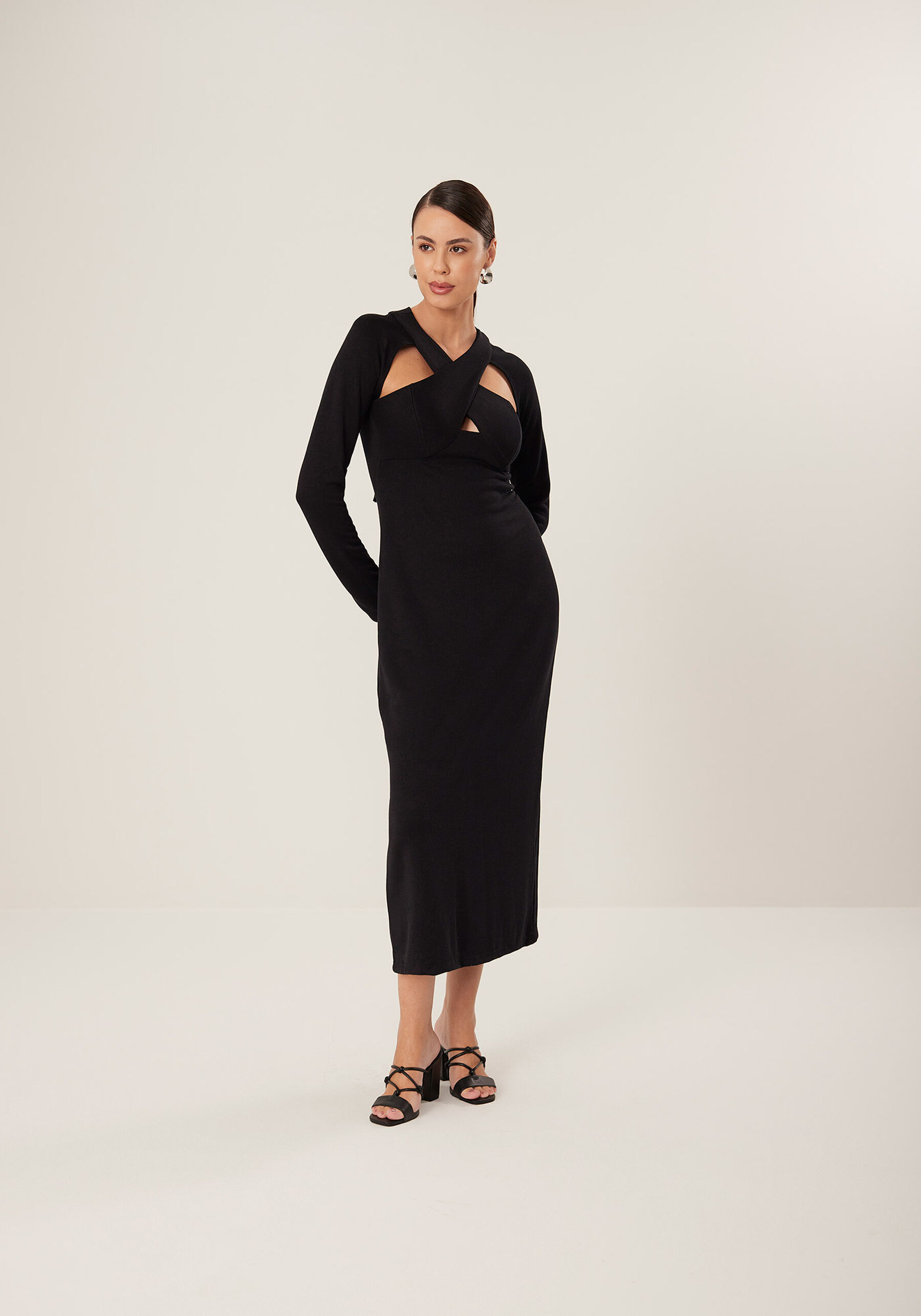 Vestido Midi Chá De Mangas Longas Com Recortes Frontais, . Vestido Midi Chá De Mangas Longas Com Recortes Frontais, , large.