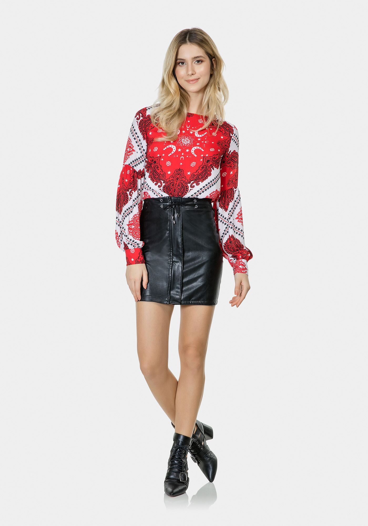 Saia Cintura Alta Amarra&ccedil;&atilde;o PU, , large.