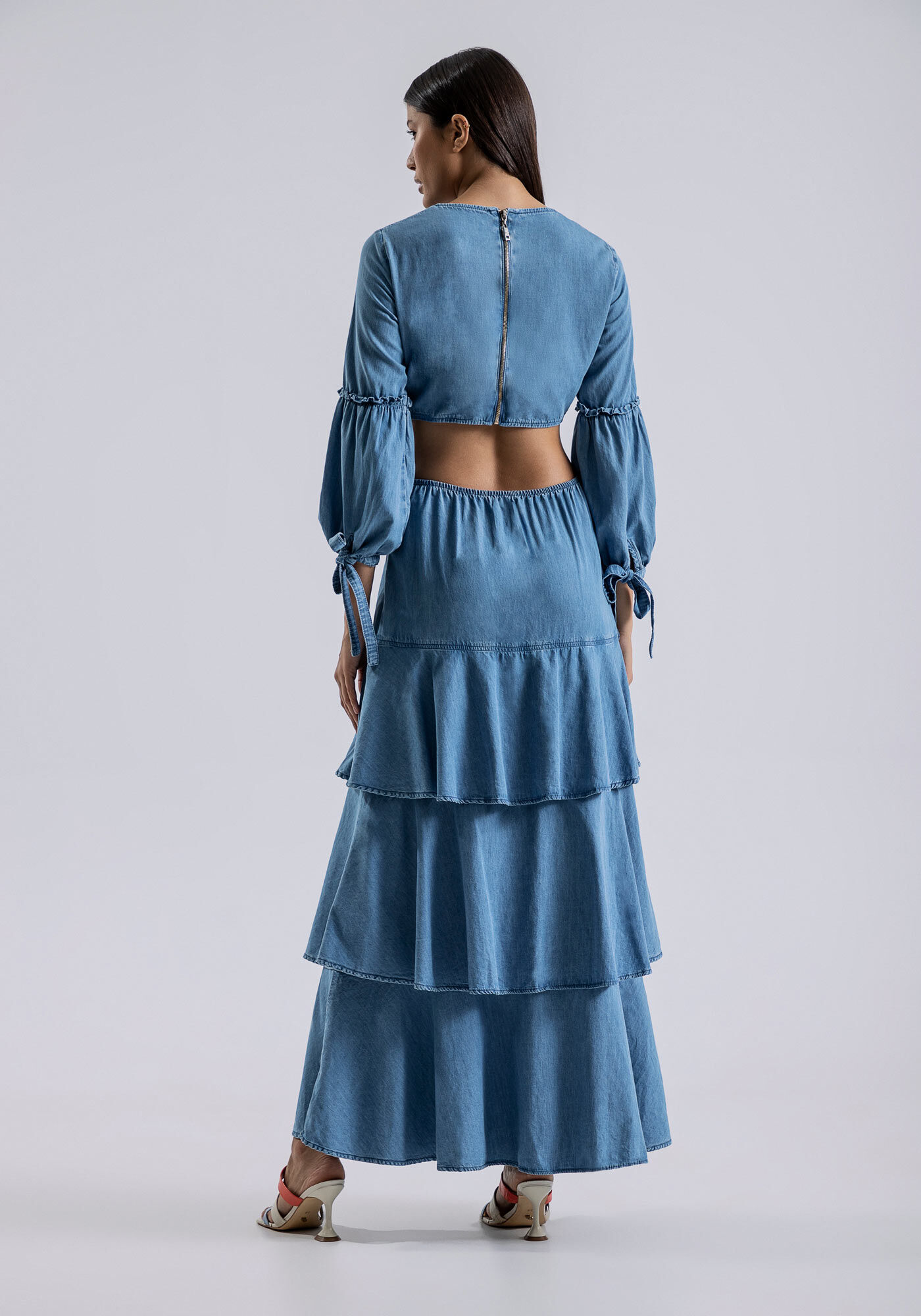 Vestido Longo Jeans com Babados e Recorte, JEANS, large.