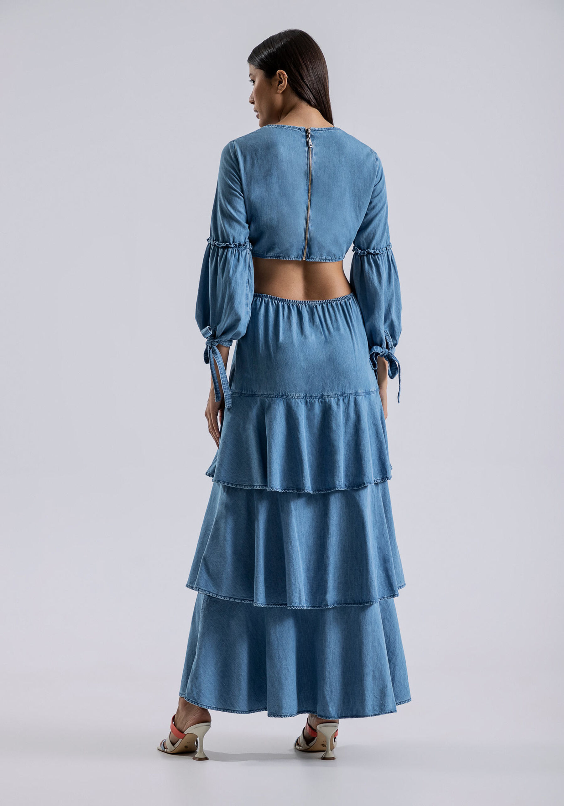Vestido Longo Jeans com Babados e Recorte, . Vestido Longo Jeans com Babados e Recorte, , large.