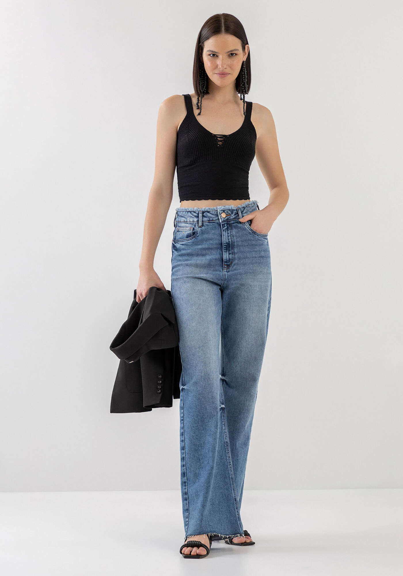 Cal&ccedil;a Jeans Wide Leg com Elastano, , large.