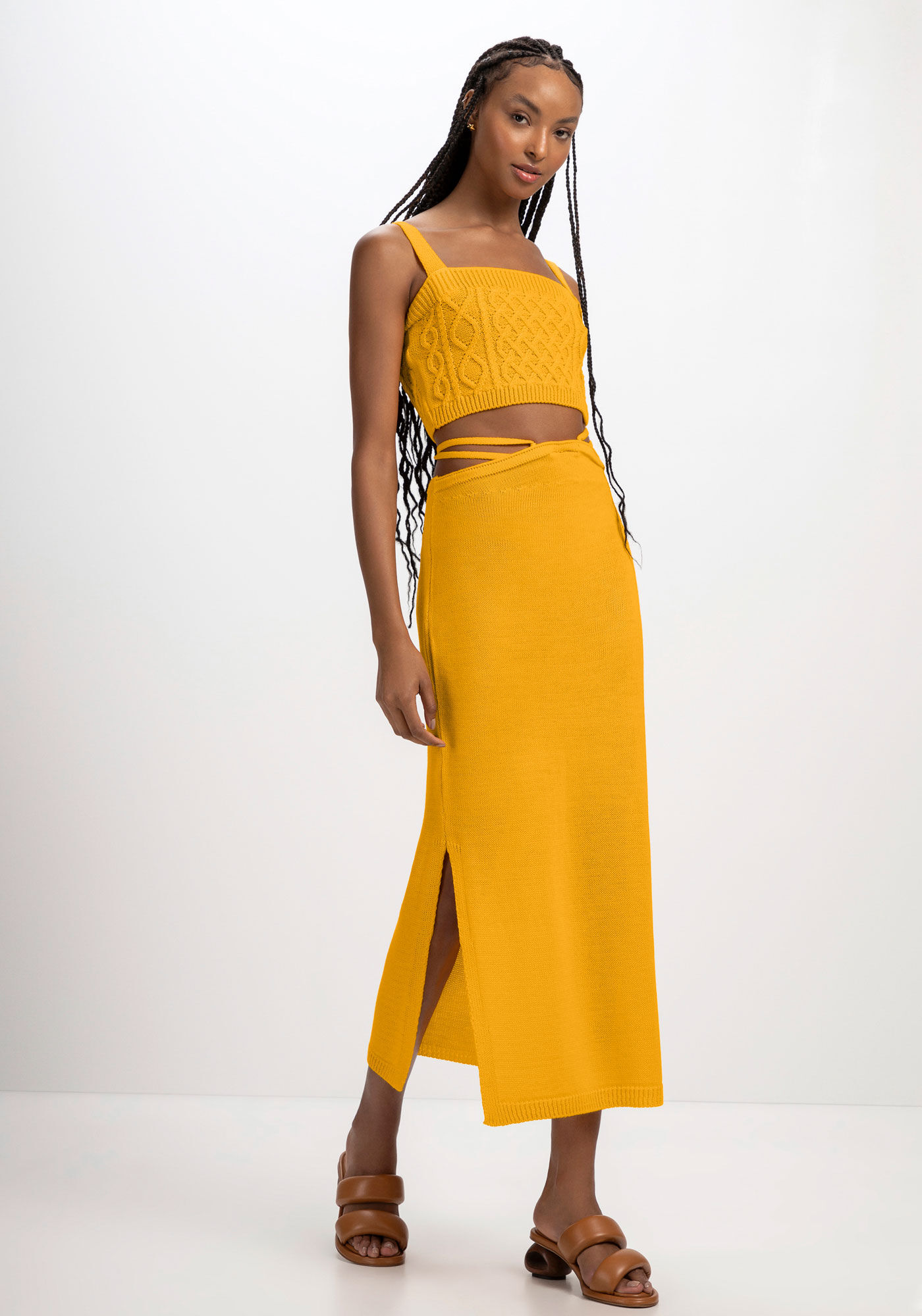 Blusa Manga Longa em Tric&ocirc; com Top, AMARELO ANGUS, large.