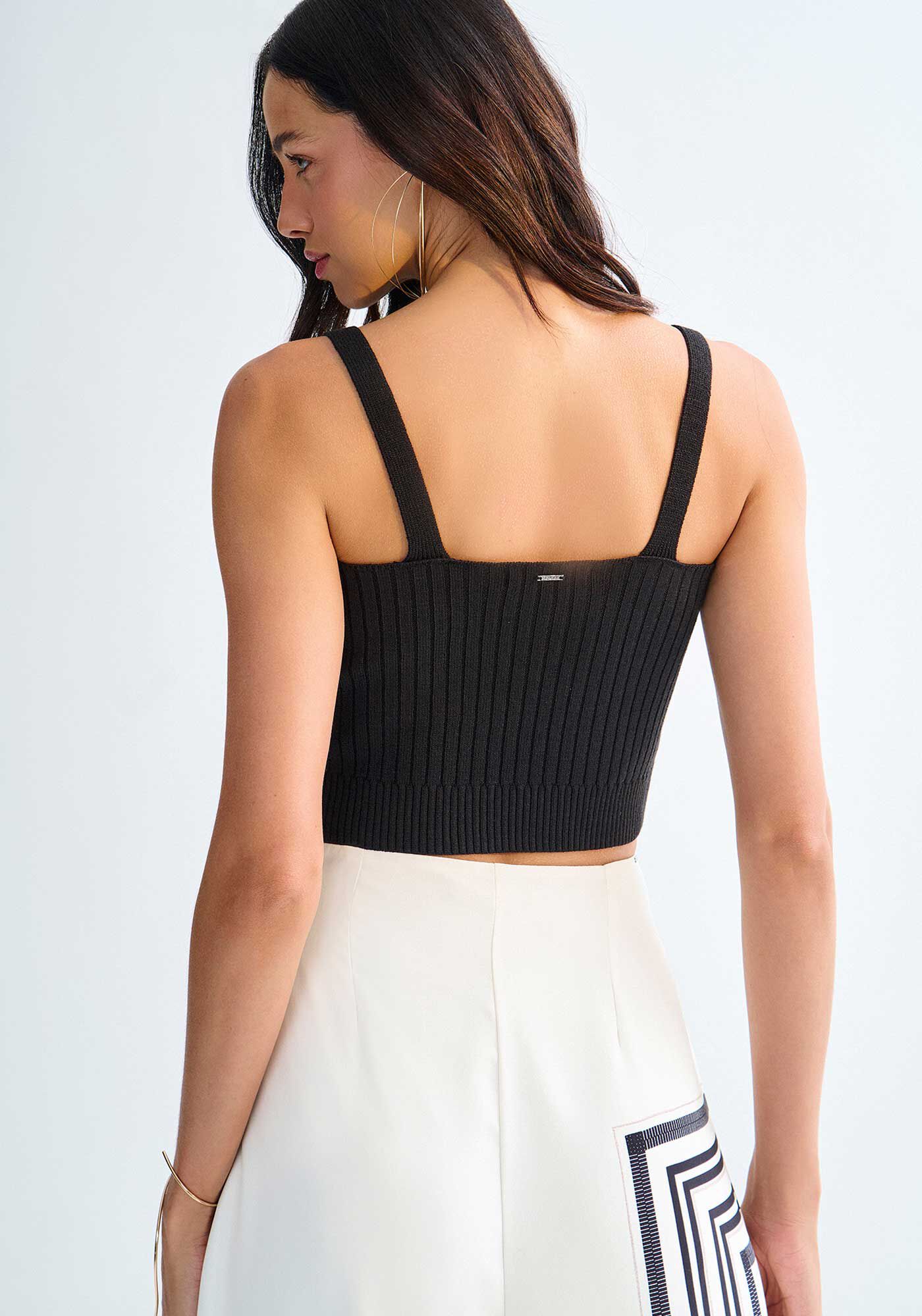 Blusa Cropped em Tric&ocirc; Canelado com Decote V, , large.