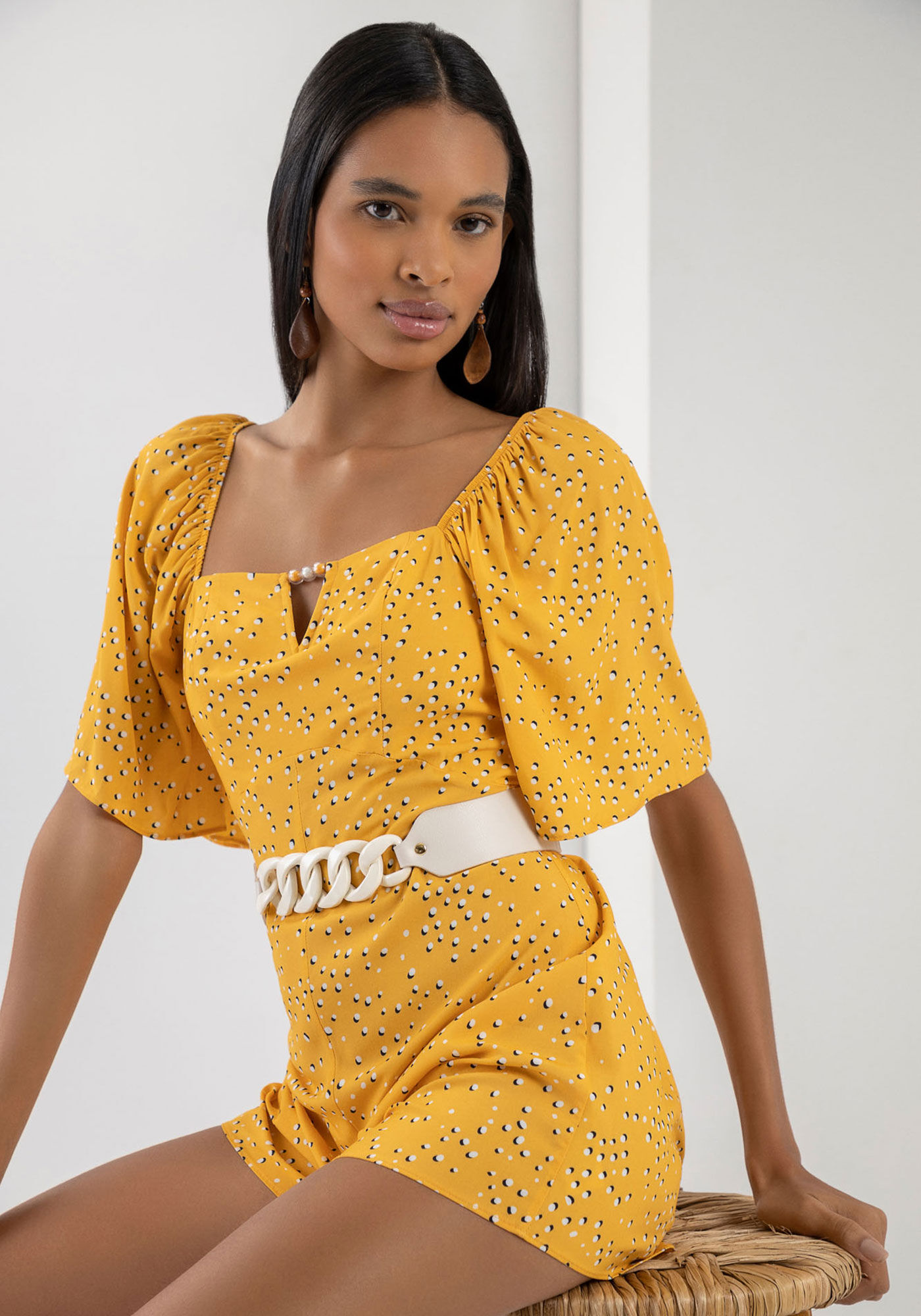 Macac&atilde;o Curto Estampado com Manga Flare, , large.