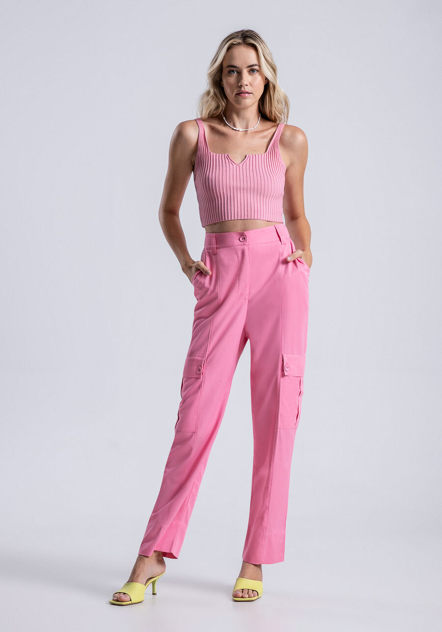 Calça Reta Cargo em Tecido Velurd com Bolsos, ROSA FABULOUS. Calça Reta Cargo em Tecido Velurd com Bolsos, ROSA FABULOUS, large.