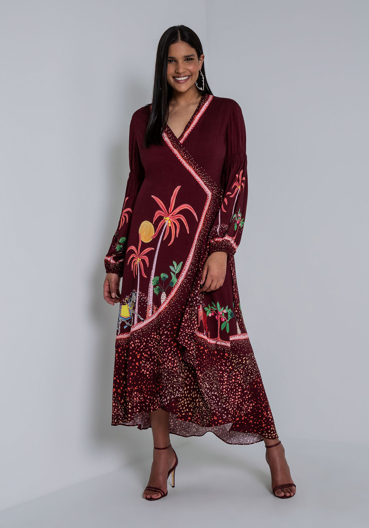 Vestido Midi Transpassado com Manga Bufante, NOITE ENCANTADA, large.