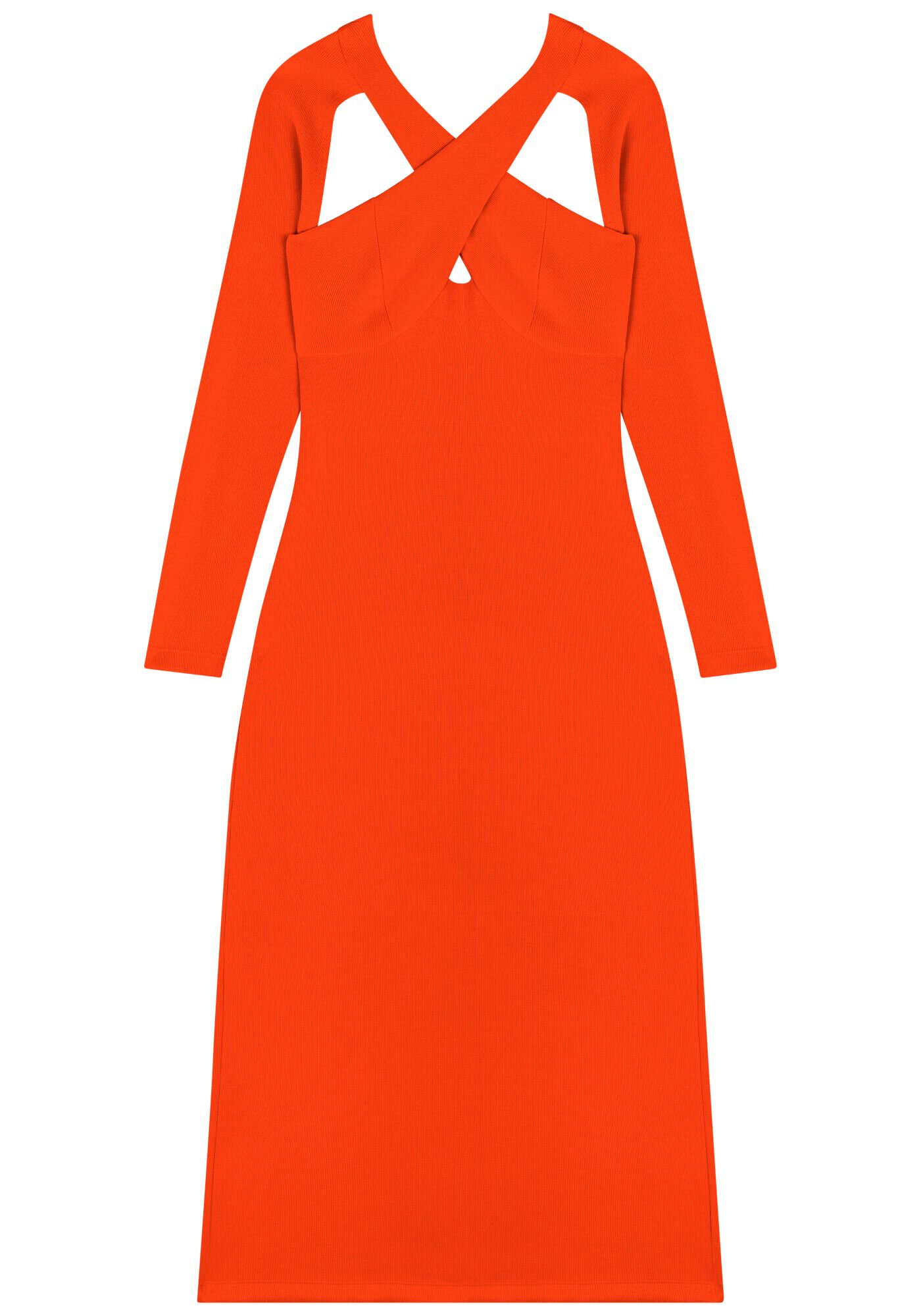 Vestido Midi Ch&aacute; De Mangas Longas Com Recortes Frontais, LARANJA TOMILHO, large.