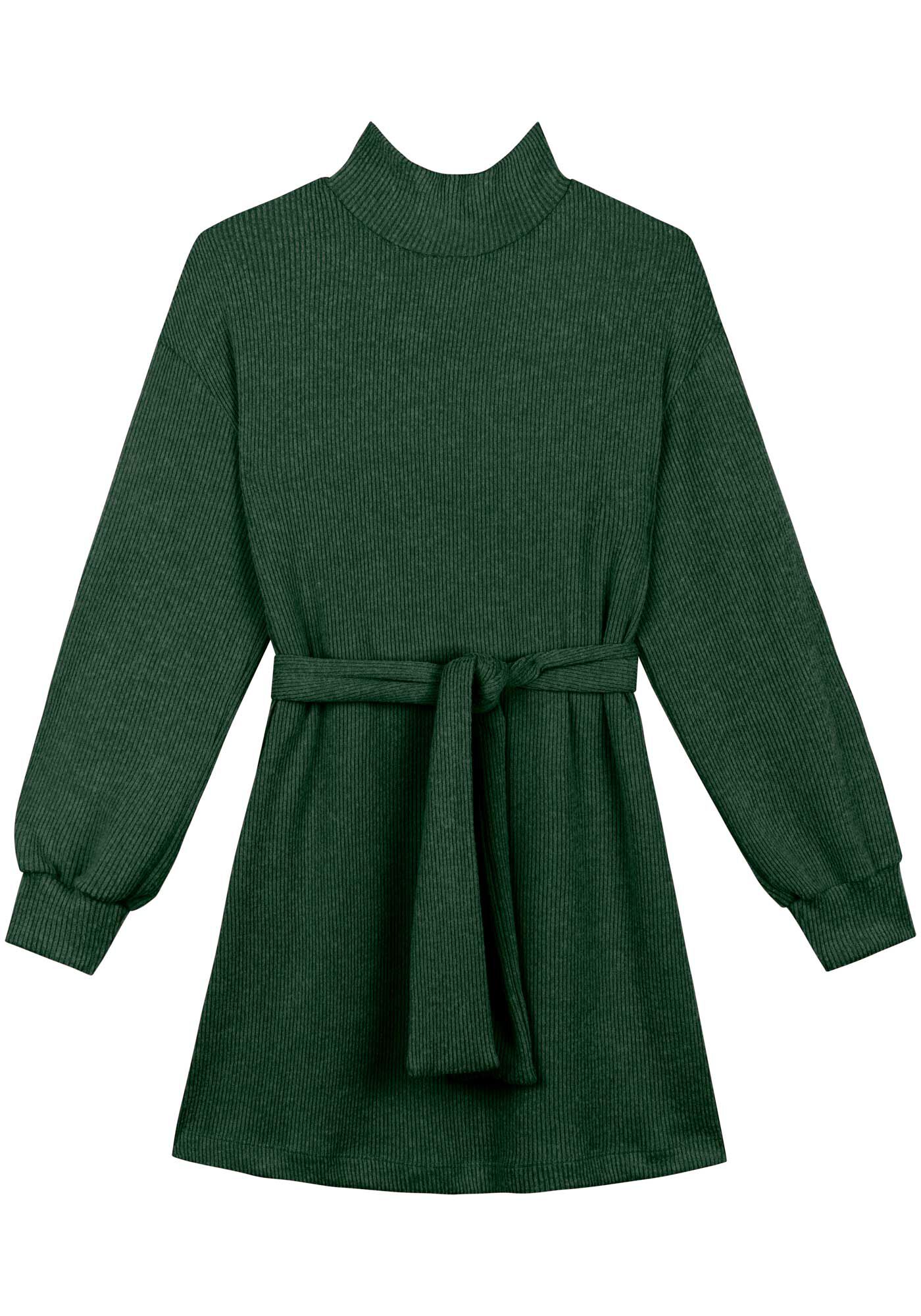 Vestido Curto Com Gola Alta E Cinto Em Malha Canelada Tric&ocirc;, , large.