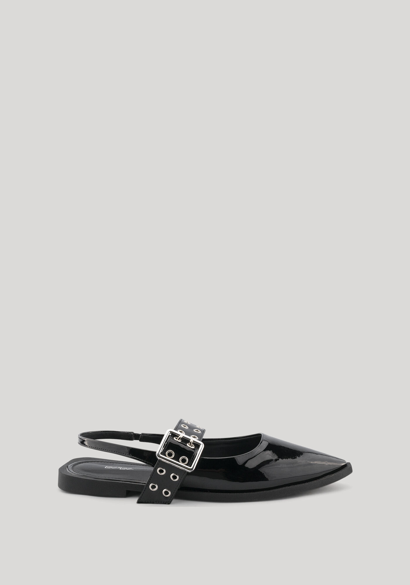 Sapatilha De Bico Fino Com Fivela E Ilhoses De Metal, PRETO, large.