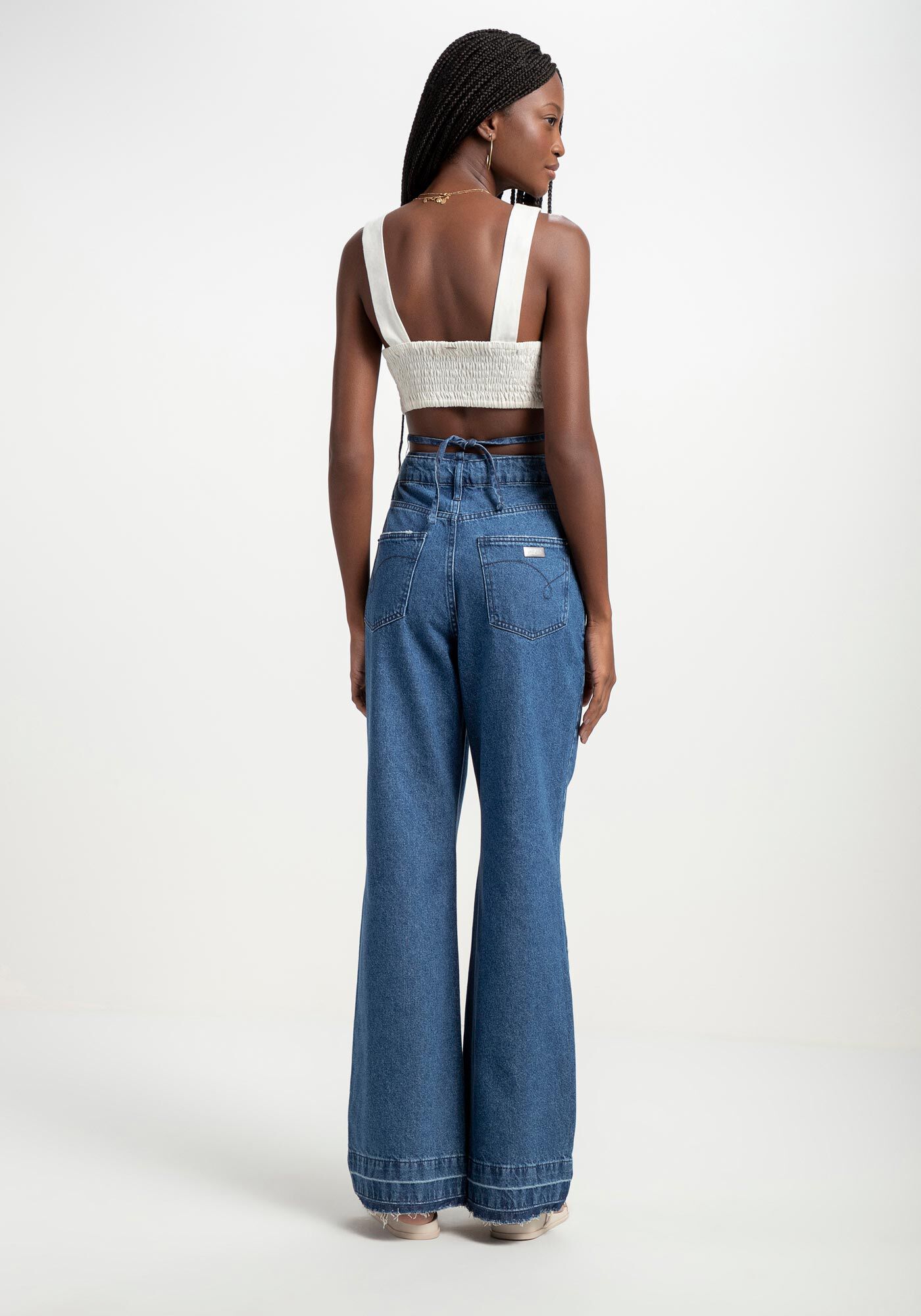 Cal&ccedil;a Jeans Wide Leg com Amarra&ccedil;&atilde;o Cintura, JEANS, large.