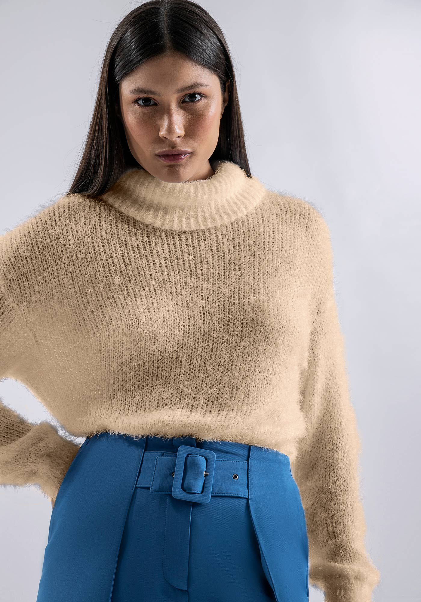 Blus&atilde;o Manga Longa Tric&ocirc; com Gola Alta, , large.