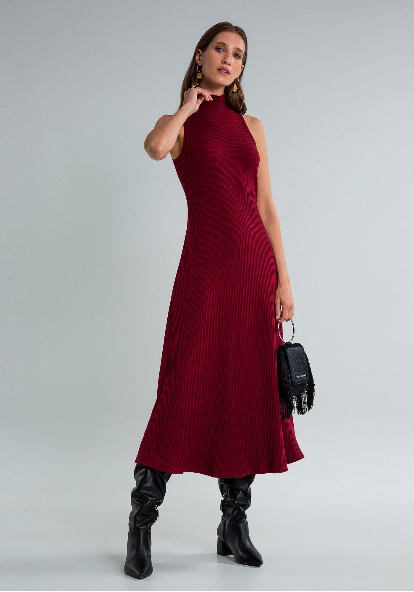 Vestido M&iacute;di Gola Alta Canelado, BORDO, large.