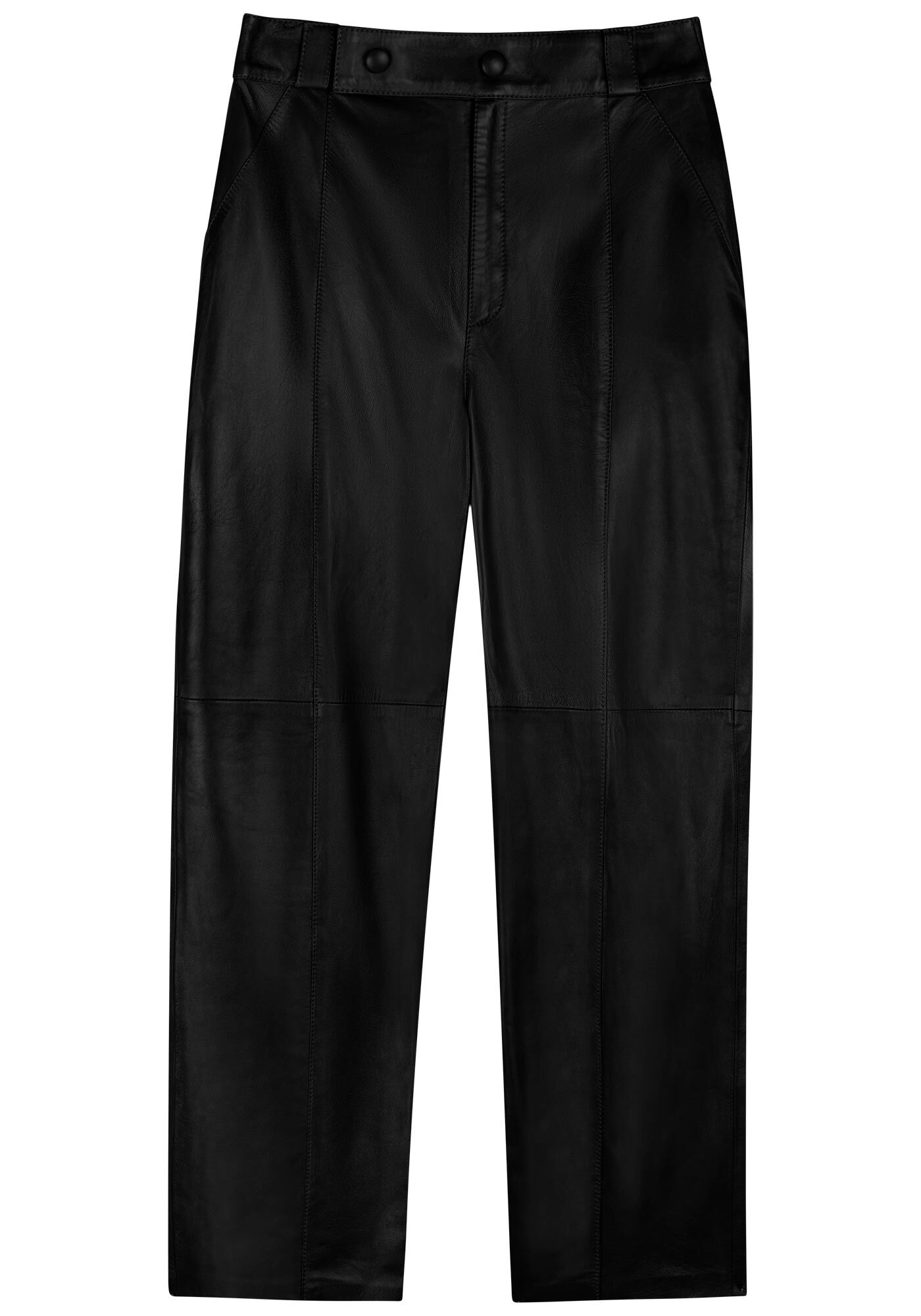 Cal&ccedil;a Reta De Couro Com Cintura M&eacute;dia E Bot&otilde;es Forrados, PRETO, large.