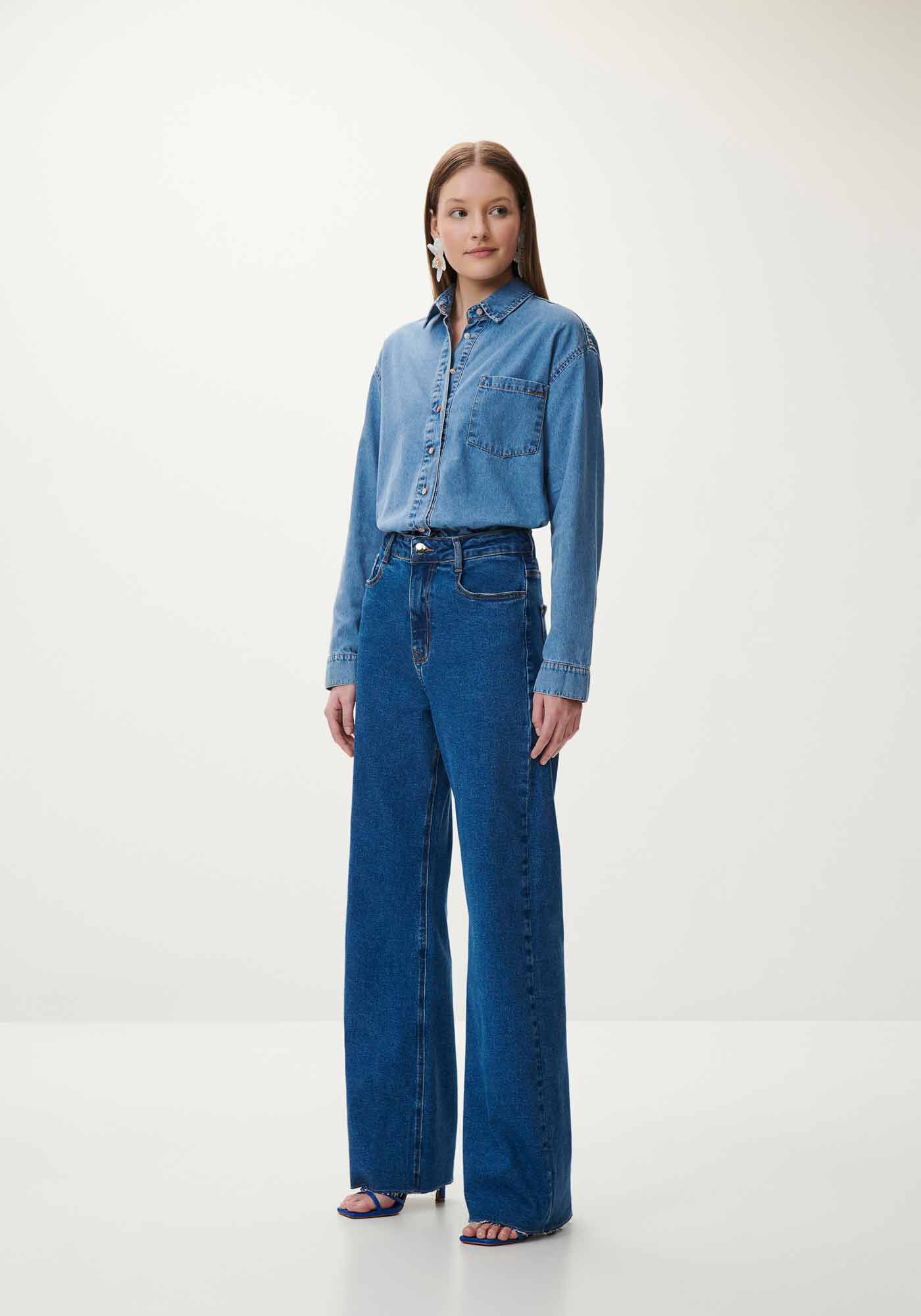 Cal&ccedil;a Jeans Wide Leg Super Alta com Elastano, JEANS ESCURO, large.