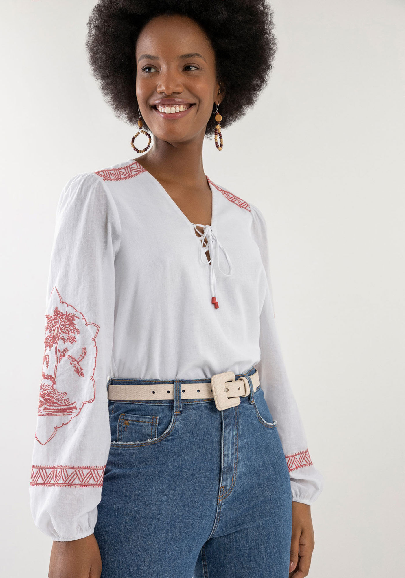 Blusa Manga Longa Bufante com Bordado, , large.