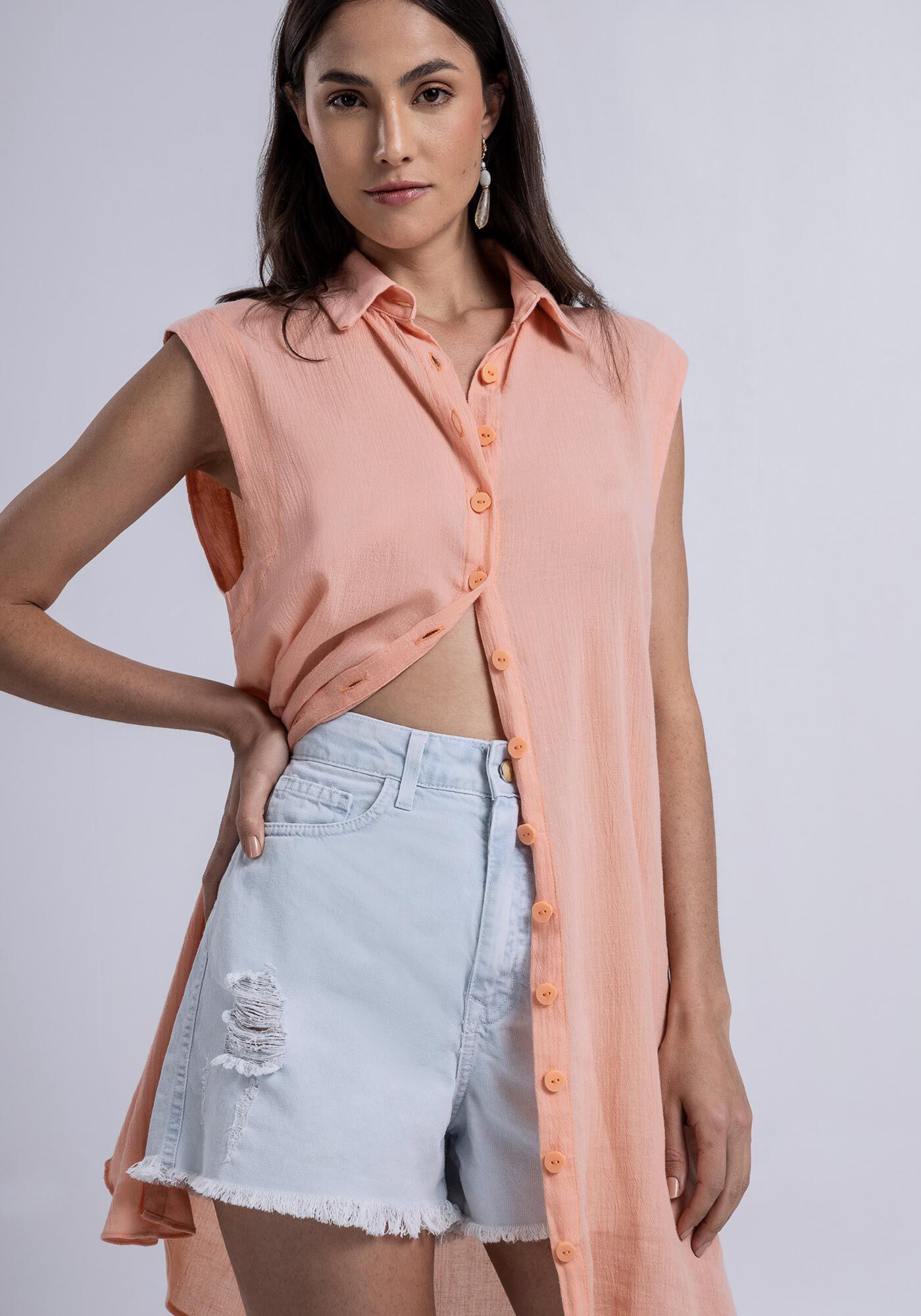 Vestido Curto Chemise em Malha com Recorte, , large.