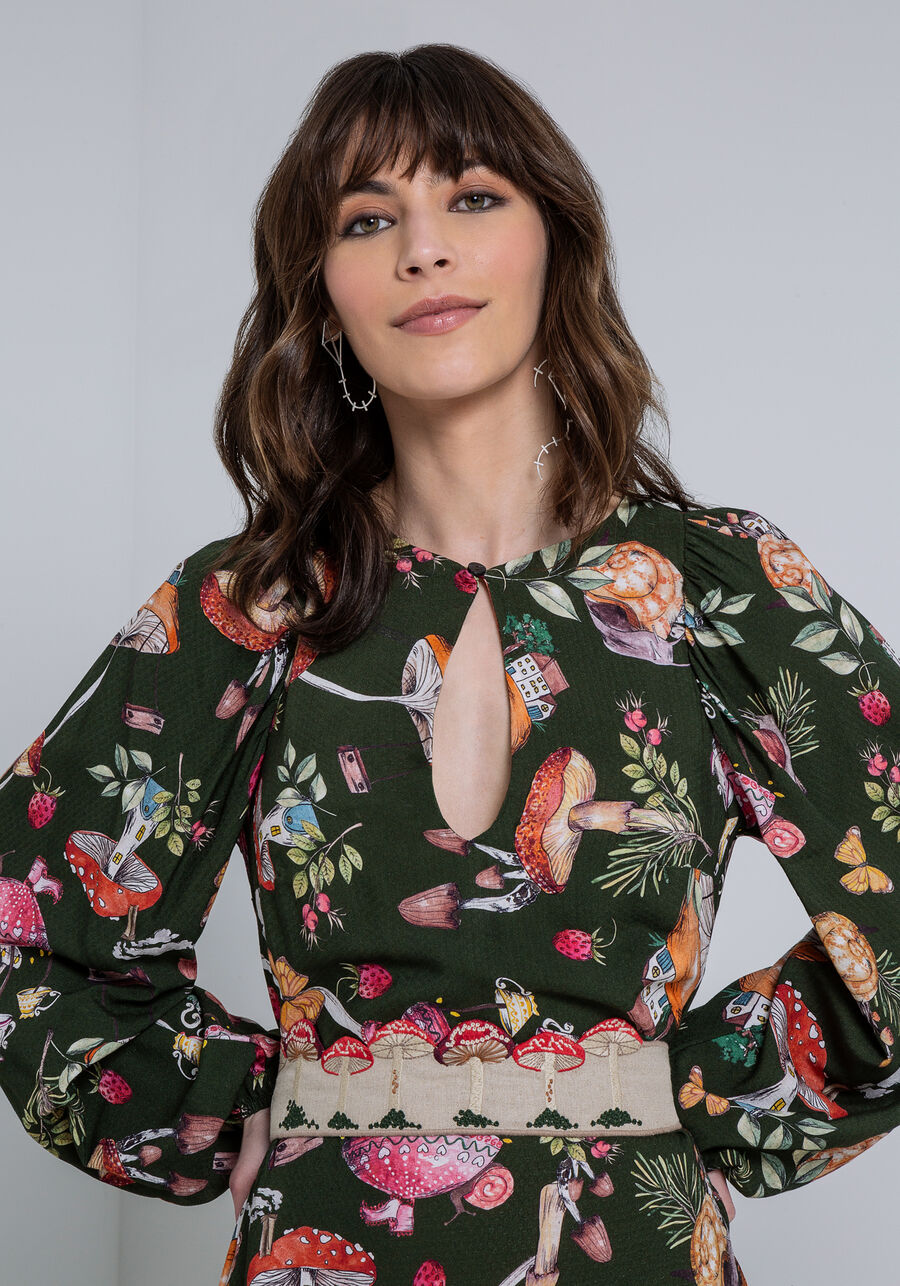 Vestido Midi em Viscose com Cinto Bordado, COGUMELOS. Vestido Midi em Viscose com Cinto Bordado, COGUMELOS, large.