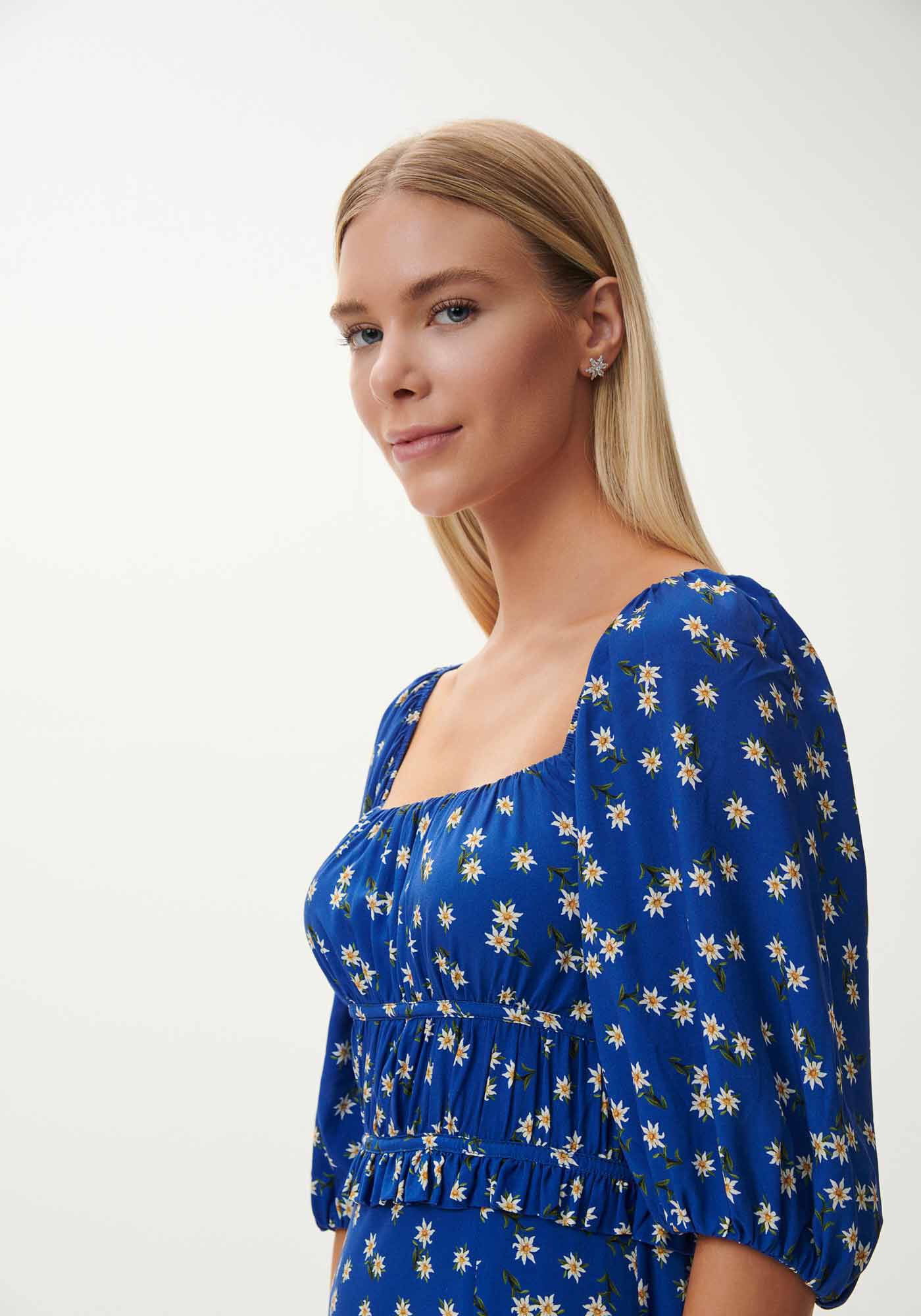 Vestido Midi Estampado com Manga Bufante e Fenda, , large.