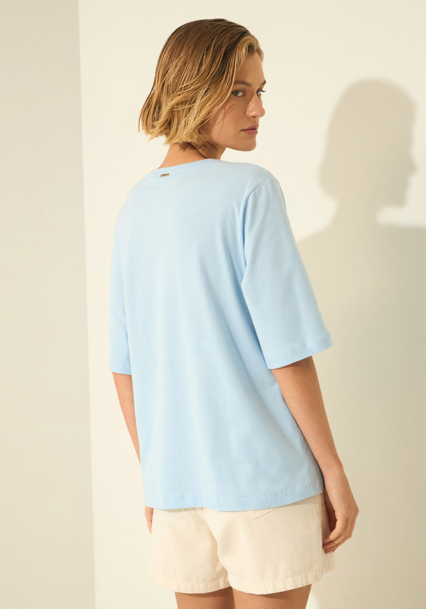 Blusa De Mangas Curtas Com Aviamento Em Malha Penteada, AZUL PUPPY, large.