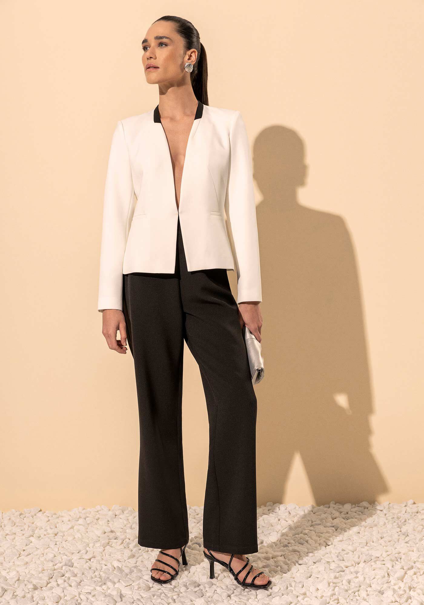 Blazer De Mangas Longas Sem Gola Em Alfaiataria, B.OFF WHITE/PRETO, large.