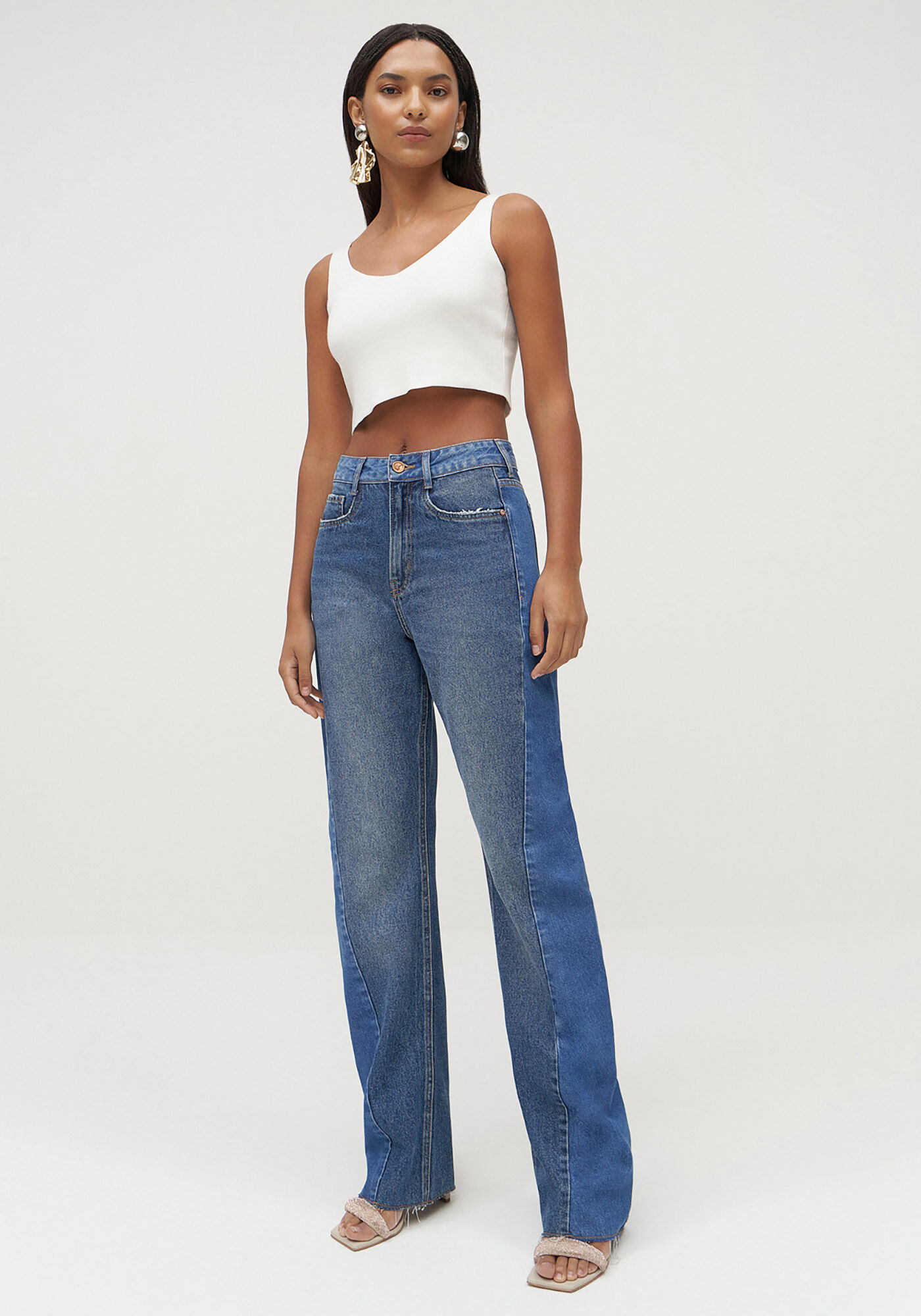 Cal&ccedil;a Jeans Reta Cintura Alta com Recortes Duo, JEANS, large.