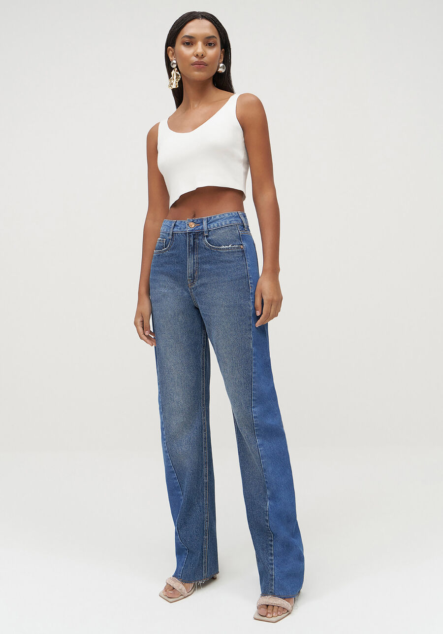 Calça Jeans Reta Cintura Alta com Recortes Duo, JEANS. Calça Jeans Reta Cintura Alta com Recortes Duo, JEANS, large.