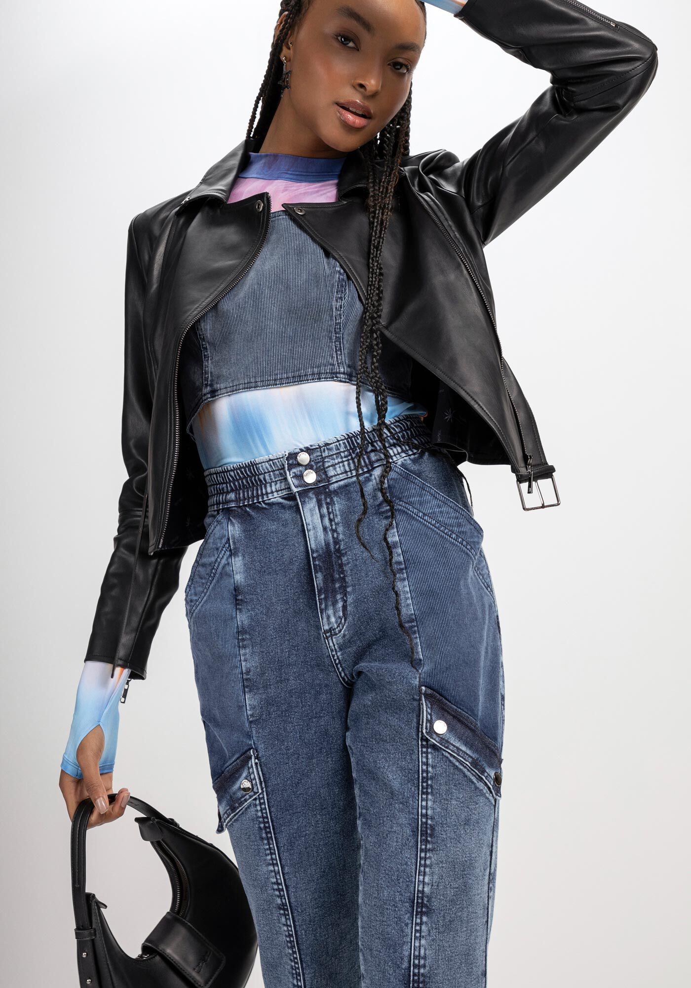 Cal&ccedil;a Jeans Jogging Super Alta com Recortes, JEANS, large.