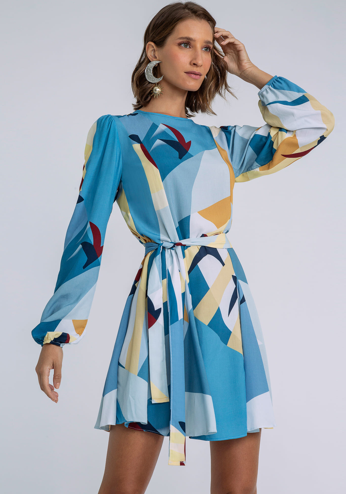 Vestido Estampado Manga Longa Faixa, , large.