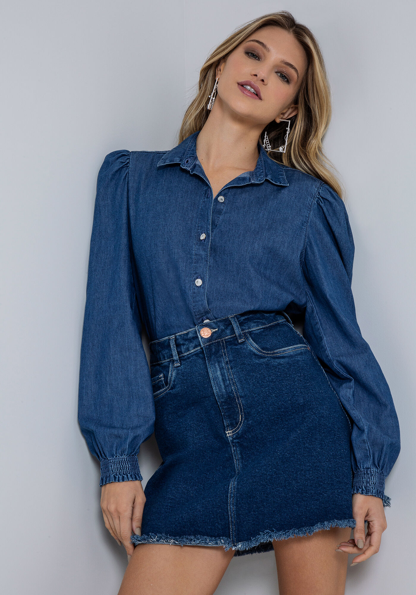 Camisa Manga Longa Bufante em Jeans, , large.