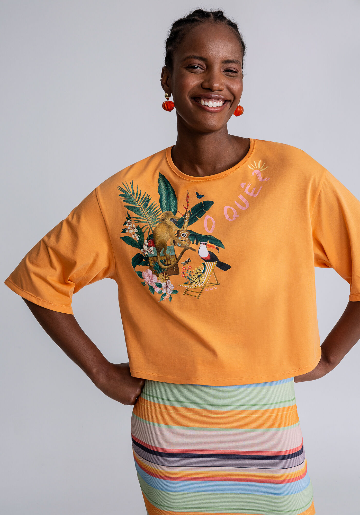 Blusa Cropped Ampla Estampa Ukulele, LARANJA LIRIO, large.