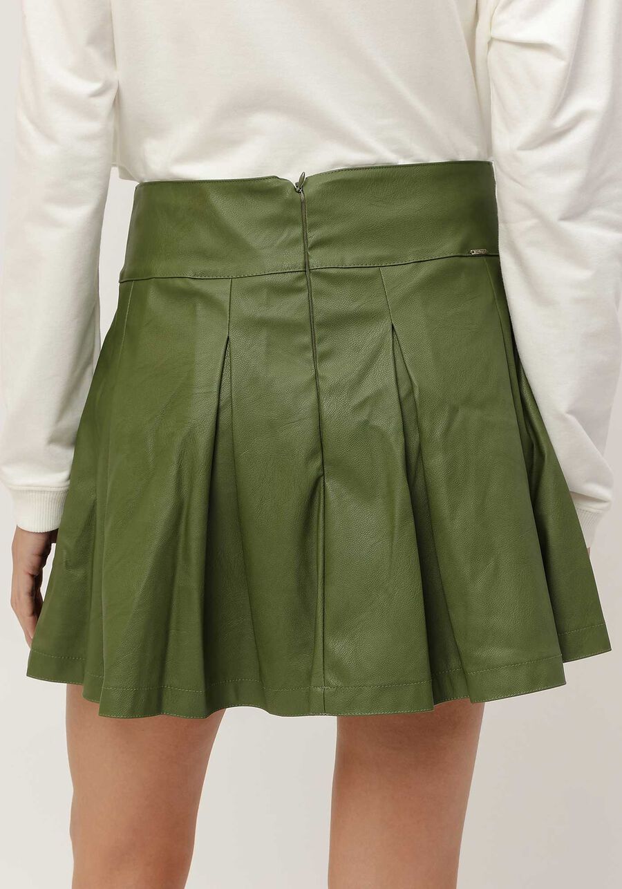 Saia Curta em Pu com Pregas, VERDE TURFA. Saia Curta em Pu com Pregas, VERDE TURFA, large.