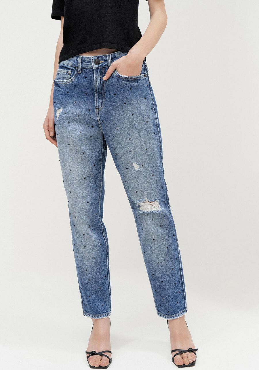 Calça Jeans Mom Cintura Alta com Strass, . Calça Jeans Mom Cintura Alta com Strass, , large.