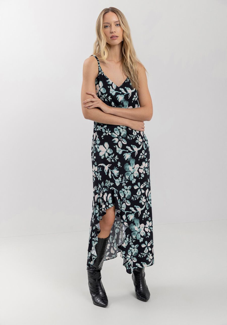 Vestido Estampado Midi Chá Com Alças Finas E Babados, . Vestido Estampado Midi Chá Com Alças Finas E Babados, , large.