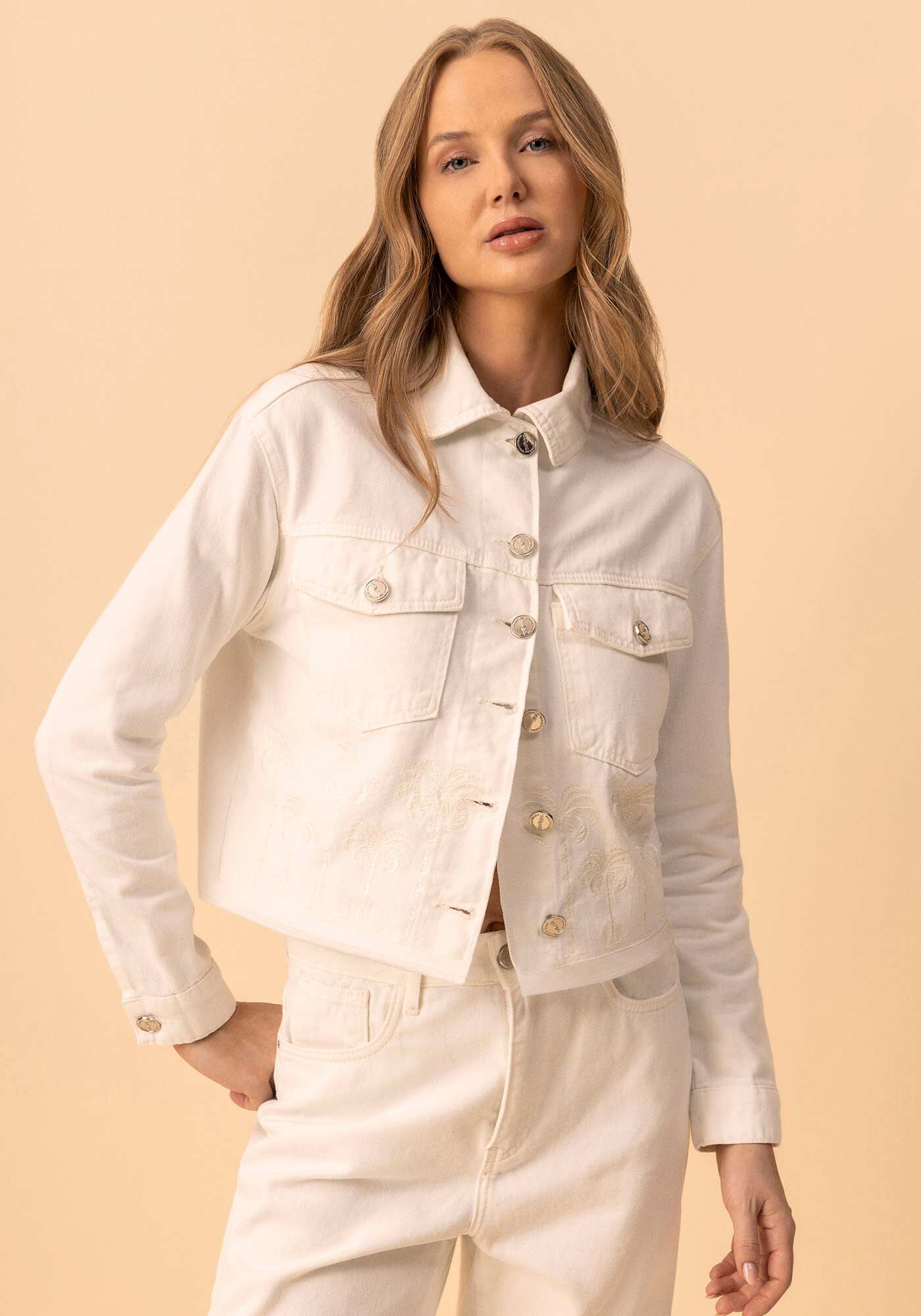 Jaqueta De Mangas Longas Em Sarja Com Bot&otilde;es E Bordados, OFF WHITE, large.