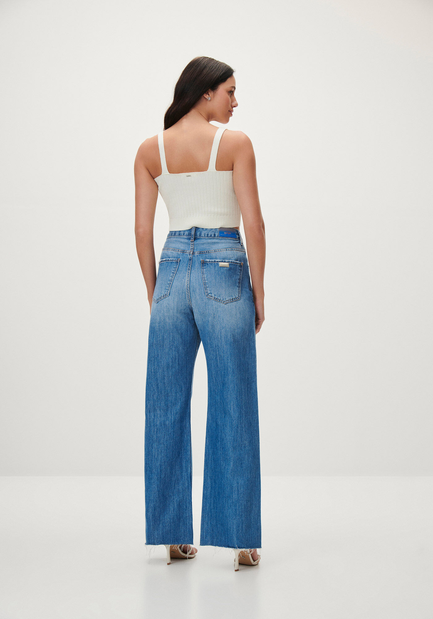 Cal&ccedil;a Jeans Wide Leg Super Alta com Strass, , large.