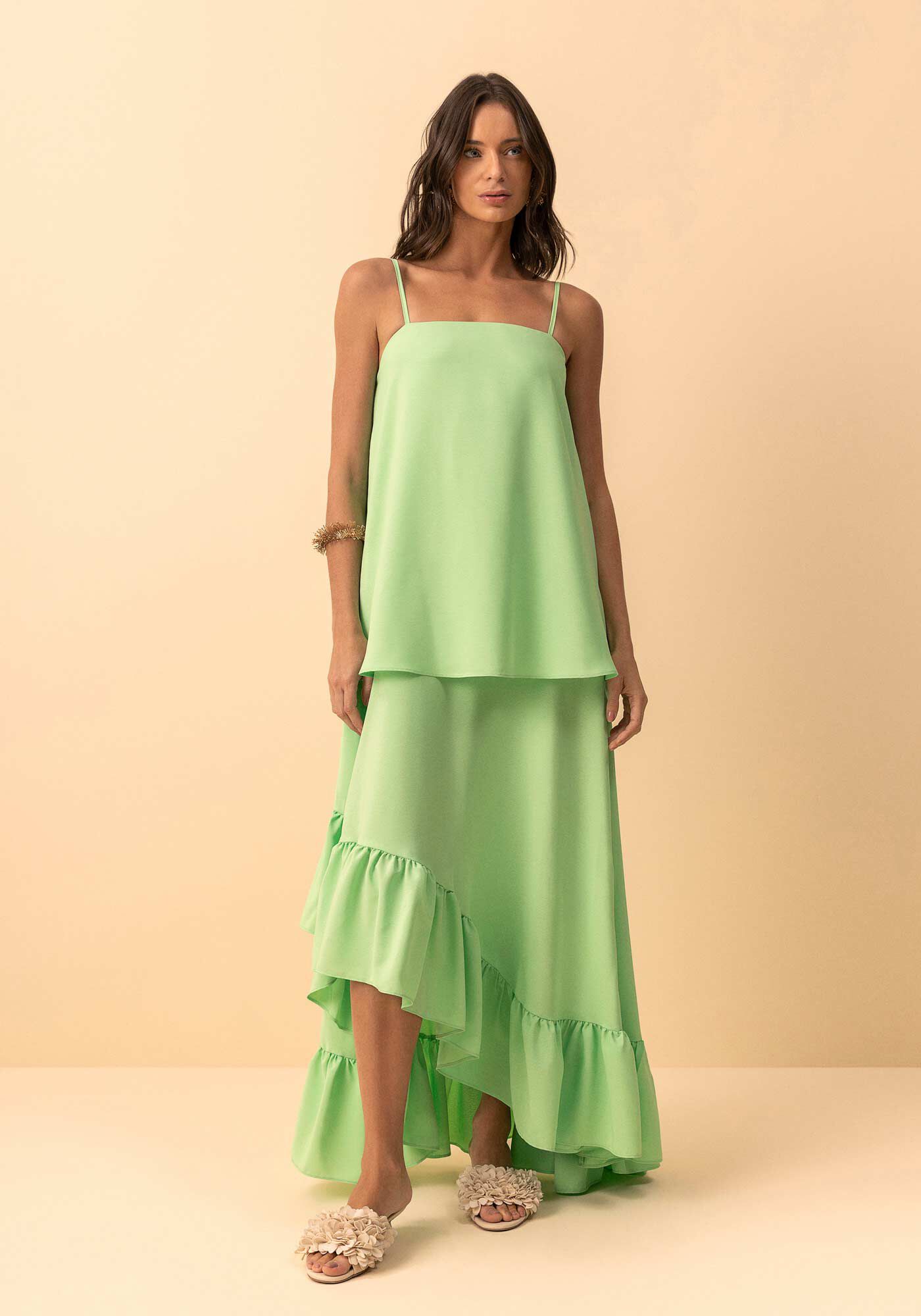 Vestido Longo Assim&eacute;trico Com Babados E Al&ccedil;as Finas, VERDE SABEDORIA, large.